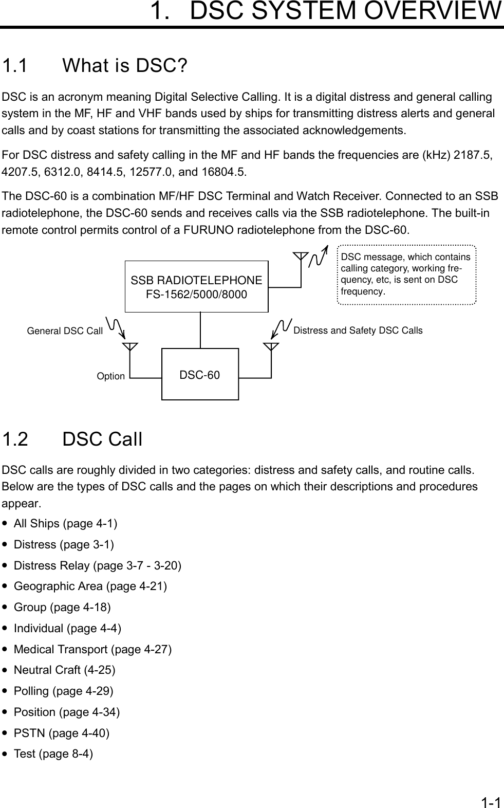 1-1 1.  DSC SYSTEM OVERVIEW1.1 What is DSC?DSC is an acronym meaning Digital Selective Calling. It is a digital distress and general callingsystem in the MF, HF and VHF bands used by ships for transmitting distress alerts and generalcalls and by coast stations for transmitting the associated acknowledgements.For DSC distress and safety calling in the MF and HF bands the frequencies are (kHz) 2187.5,4207.5, 6312.0, 8414.5, 12577.0, and 16804.5.The DSC-60 is a combination MF/HF DSC Terminal and Watch Receiver. Connected to an SSBradiotelephone, the DSC-60 sends and receives calls via the SSB radiotelephone. The built-inremote control permits control of a FURUNO radiotelephone from the DSC-60.SSB RADIOTELEPHONEFS-1562/5000/8000DSC-60DSC message, which containscalling category, working fre-quency, etc, is sent on DSCfrequencyGeneral DSC Call Distress and Safety DSC CallsOption1.2 DSC CallDSC calls are roughly divided in two categories: distress and safety calls, and routine calls.Below are the types of DSC calls and the pages on which their descriptions and proceduresappear.• All Ships (page 4-1)• Distress (page 3-1)• Distress Relay (page 3-7 - 3-20)• Geographic Area (page 4-21)• Group (page 4-18)• Individual (page 4-4)• Medical Transport (page 4-27)• Neutral Craft (4-25)• Polling (page 4-29)• Position (page 4-34)• PSTN (page 4-40)• Test (page 8-4)