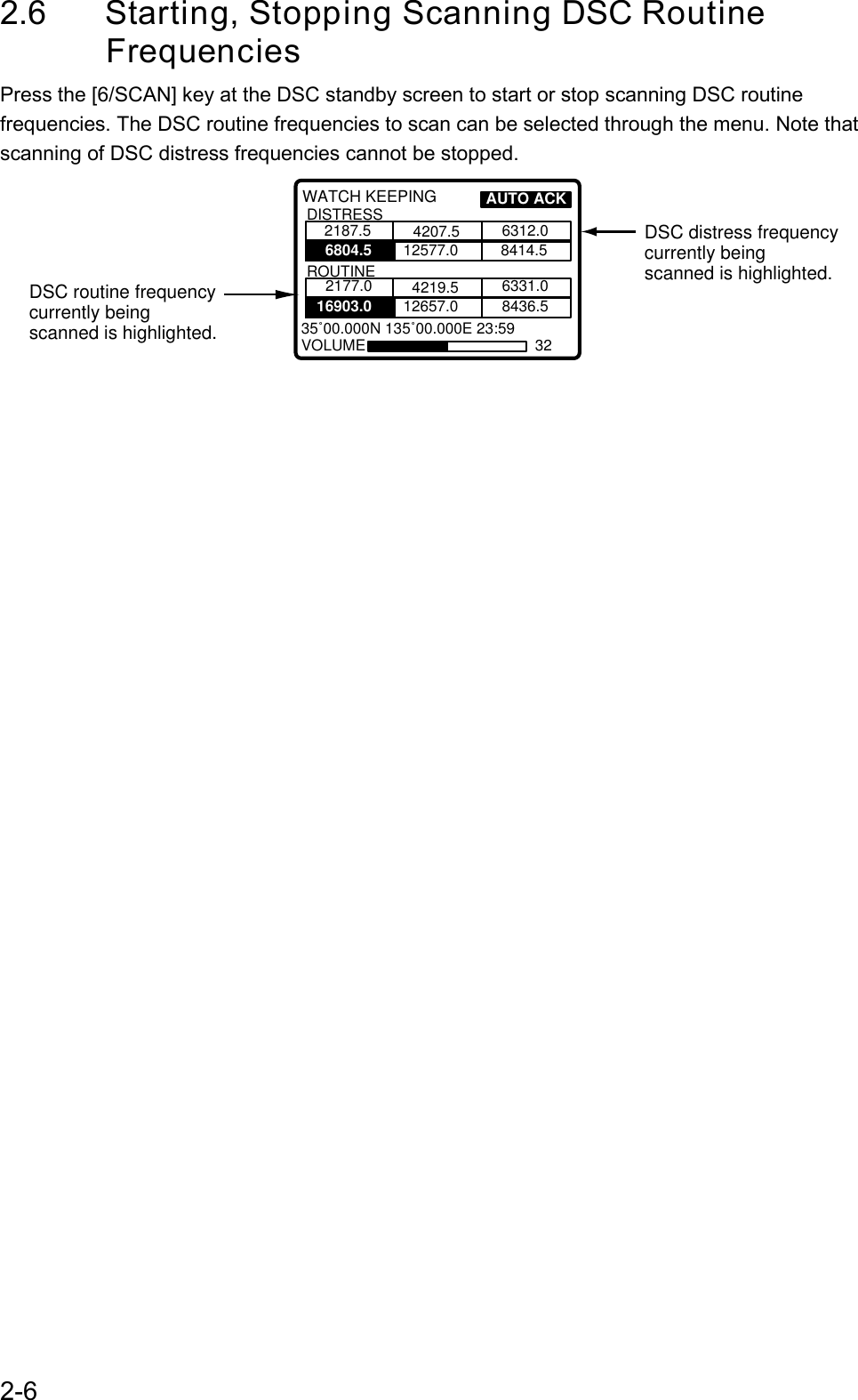 2-62.6 Starting, Stopping Scanning DSC Routine        FrequenciesPress the [6/SCAN] key at the DSC standby screen to start or stop scanning DSC routinefrequencies. The DSC routine frequencies to scan can be selected through the menu. Note thatscanning of DSC distress frequencies cannot be stopped.35˚00.000N 135˚00.000E 23:59WATCH KEEPING2187.5 4207.5 6312.08414.512577.0DISTRESSROUTINE2177.0 4219.5 6331.08436.512657.0VOLUME 32AUTO ACKDSC routine frequencycurrently beingscanned is highlighted.16804.516903.0DSC distress frequencycurrently beingscanned is highlighted.