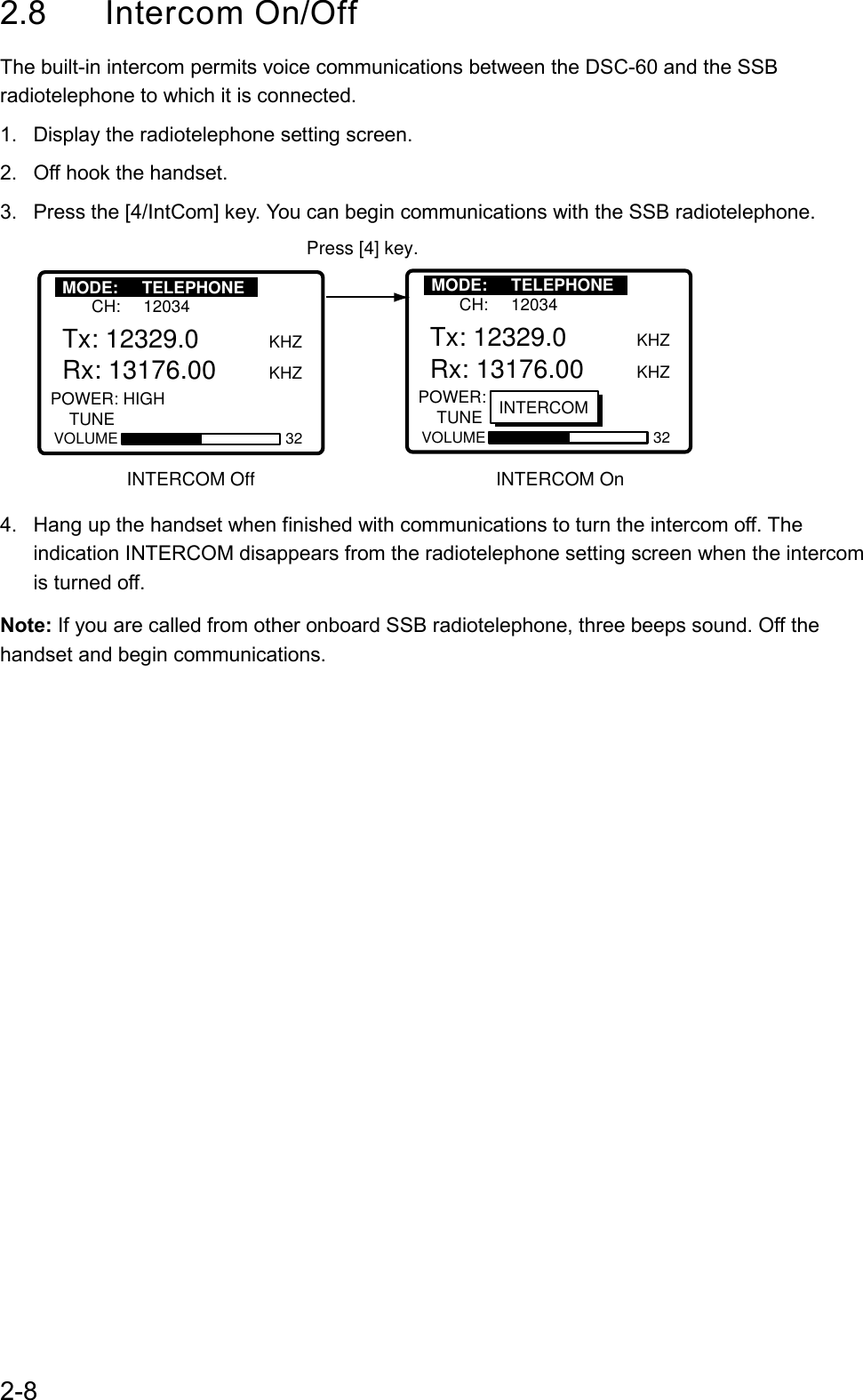 2-82.8 Intercom On/OffThe built-in intercom permits voice communications between the DSC-60 and the SSBradiotelephone to which it is connected.1.  Display the radiotelephone setting screen.2.  Off hook the handset.3.  Press the [4/IntCom] key. You can begin communications with the SSB radiotelephone.MODE: TELEPHONE      CH: 12034VOLUME 32Tx: 12329.0  KHZRx: 13176.00  KHZ POWER: HIGH    TUNE      MODE: TELEPHONE      CH: 12034VOLUME 32Tx: 12329.0  KHZRx: 13176.00  KHZ POWER: HIGH    TUNE           INTERCOM Off                                               INTERCOM On  MODE: TELEPHONE MODE: TELEPHONEINTERCOMPress [4] key.4.  Hang up the handset when finished with communications to turn the intercom off. Theindication INTERCOM disappears from the radiotelephone setting screen when the intercomis turned off.Note: If you are called from other onboard SSB radiotelephone, three beeps sound. Off thehandset and begin communications.