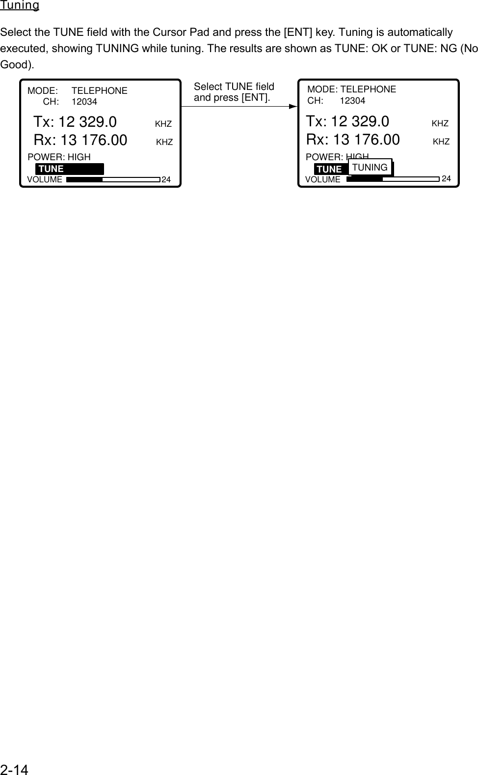 2-14TuningSelect the TUNE field with the Cursor Pad and press the [ENT] key. Tuning is automaticallyexecuted, showing TUNING while tuning. The results are shown as TUNE: OK or TUNE: NG (NoGood).Select TUNE fieldand press [ENT].                                                                 POWER: HIGH  VOLUME 24TUNETx: 12 329.0         KHZRx: 13 176.00    KHZ                                                                     : NO TUNPOWER: HIGH   VOLUME 24TUNE   TUNINGMODE: TELEPHONECH:     12304Tx: 12 329.0          KHZRx: 13 176.00     KHZ MODE: TELEPHONE      CH: 12034