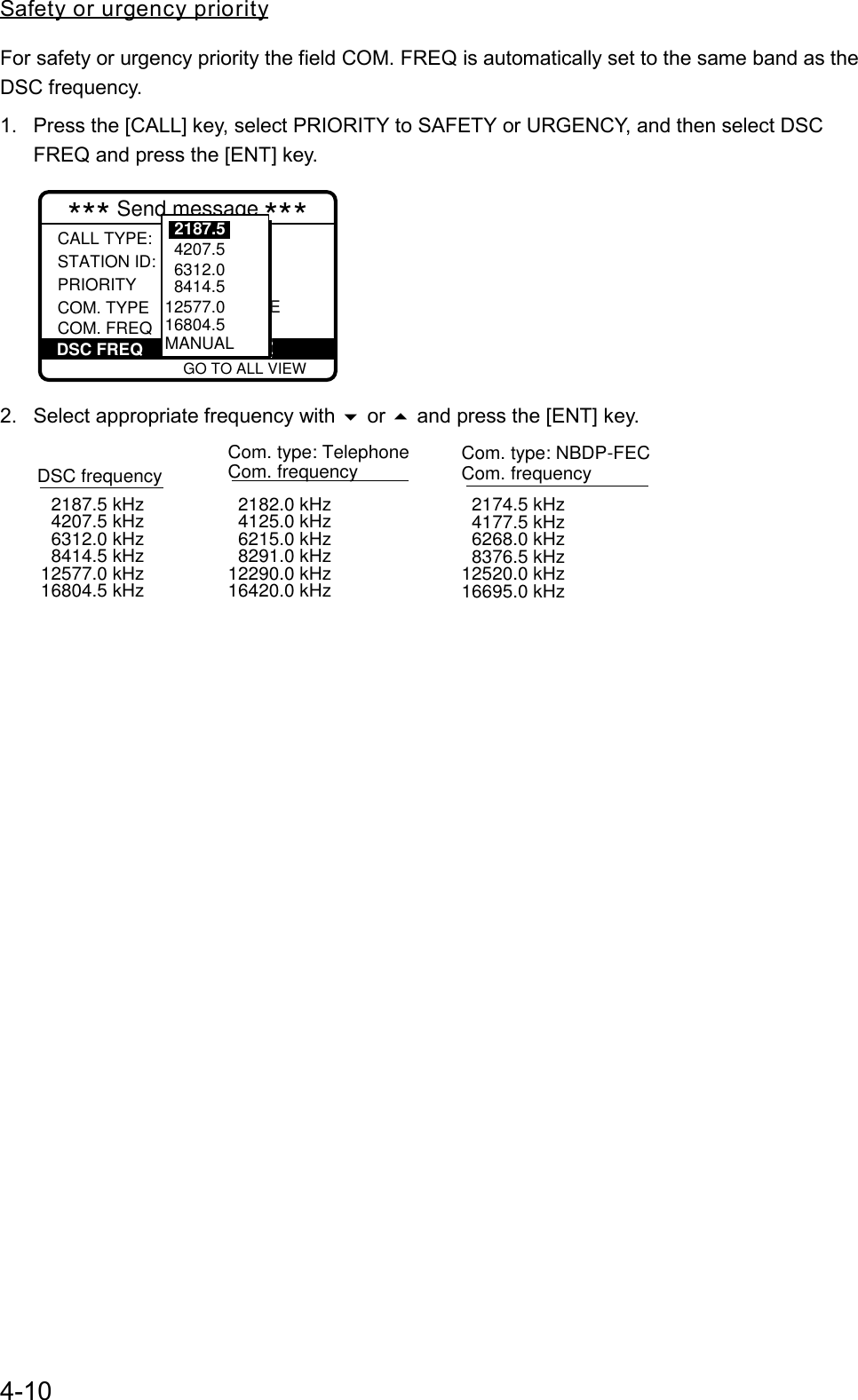 4-10Safety or urgency priorityFor safety or urgency priority the field COM. FREQ is automatically set to the same band as theDSC frequency.1.  Press the [CALL] key, select PRIORITY to SAFETY or URGENCY, and then select DSCFREQ and press the [ENT] key. GO TO ALL VIEW*** Send message ***CALL TYPE:STATION ID: PRIORITYCOM. TYPEINDIVIDUAL001234567 : SAFETY: TELEPHONE DSC FREQ : 2187.5 KHZCOM. FREQ : 2182.0KHZ   4207.5  6312.0  8414.5 12577.016804.5MANUAL2187.52.  Select appropriate frequency with  or  and press the [ENT] key.DSC frequency   2187.5 kHz   4207.5 kHz   6312.0 kHz   8414.5 kHz 12577.0 kHz 16804.5 kHzCom. type: Telephone Com. frequency    2182.0 kHz    4125.0 kHz   6215.0 kHz   8291.0 kHz 12290.0 kHz 16420.0 kHzCom. type: NBDP-FEC Com. frequency    2174.5 kHz   4177.5 kHz   6268.0 kHz   8376.5 kHz 12520.0 kHz 16695.0 kHz