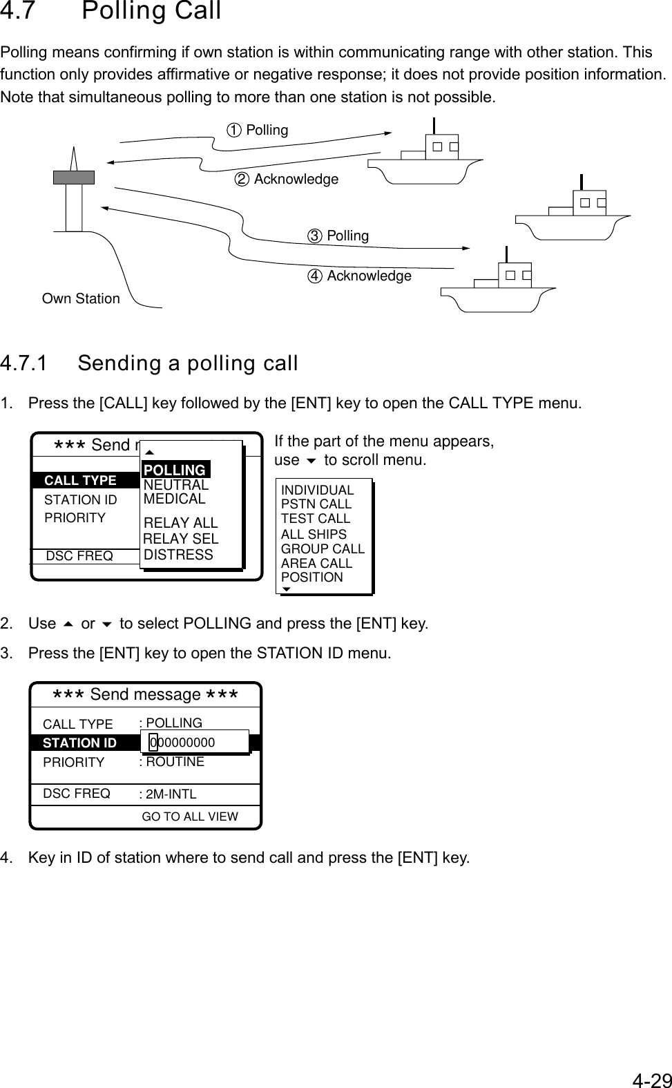 4-294.7 Polling CallPolling means confirming if own station is within communicating range with other station. Thisfunction only provides affirmative or negative response; it does not provide position information.Note that simultaneous polling to more than one station is not possible.1Polling2Acknowledge3Polling4AcknowledgeOwn Station4.7.1 Sending a polling call1.  Press the [CALL] key followed by the [ENT] key to open the CALL TYPE menu.*** Send message *** STATION ID PRIORITY DSC FREQ: Polling  : 987654321 : RoutineINDIVIDUALPSTN CALLTEST CALLALL SHIPSGROUP CALLAREA CALLPOSITION CALL TYPEIf the part of the menu appears, use   to scroll menu.RELAY SELNEUTRALMEDICALRELAY ALLDISTRESSPOLLING2. Use  or  to select POLLING and press the [ENT] key.3.  Press the [ENT] key to open the STATION ID menu.CALL TYPE   PRIORITY DSC FREQ: POLLING : ---------  : ROUTINE: 2M-INTL  GO TO ALL VIEW*** Send message ***000000000STATION ID4.  Key in ID of station where to send call and press the [ENT] key.