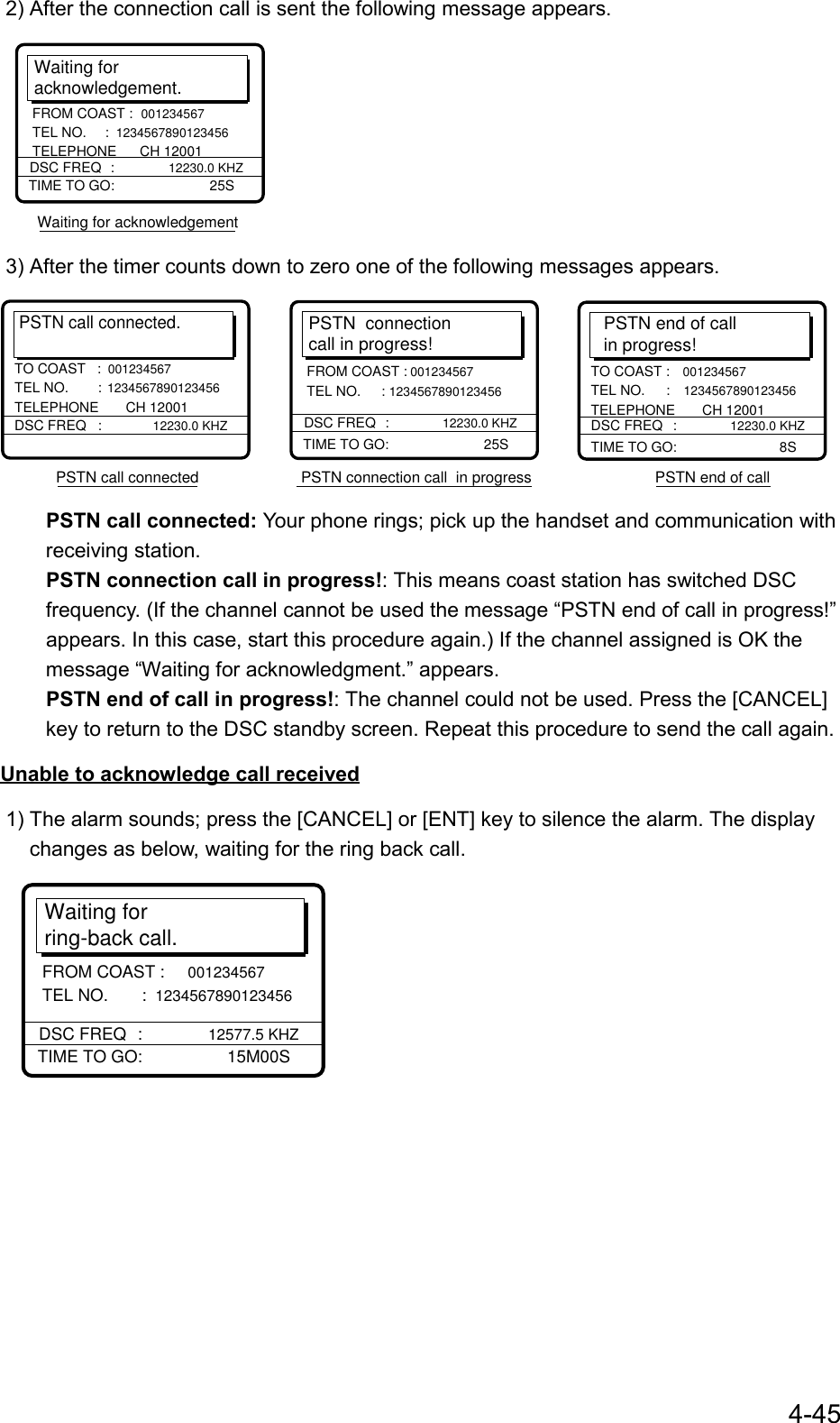 4-452) After the connection call is sent the following message appears.        Waiting for acknowledgement         Waiting foracknowledgement.TIME TO GO:     25SDSC FREQ : 12230.0 KHZFROM COAST : 001234567 TEL NO.  : 1234567890123456 TELEPHONE      CH 120013) After the timer counts down to zero one of the following messages appears.PSTN call connected.DSC FREQ   :  12230.0 KHZTO COAST   : 001234567 TEL NO.  : 1234567890123456 TELEPHONE       CH 12001PSTN call connected                        PSTN connection call  in progress                             PSTN end of callPSTN  connectioncall in progress!TIME TO GO:     25SDSC FREQ     :   12230.0 KHZFROM COAST : 001234567 TEL NO.     : 1234567890123456PSTN end of callin progress!TIME TO GO:       8STO COAST :  001234567 TEL NO.  :  1234567890123456 TELEPHONE       CH 12001DSC FREQ   :  12230.0 KHZ  PSTN call connected: Your phone rings; pick up the handset and communication with  receiving station.   PSTN connection call in progress!: This means coast station has switched DSC    frequency. (If the channel cannot be used the message “PSTN end of call in progress!”    appears. In this case, start this procedure again.) If the channel assigned is OK the  message “Waiting for acknowledgment.” appears.  PSTN end of call in progress!: The channel could not be used. Press the [CANCEL]    key to return to the DSC standby screen. Repeat this procedure to send the call again.Unable to acknowledge call received1) The alarm sounds; press the [CANCEL] or [ENT] key to silence the alarm. The displaychanges as below, waiting for the ring back call.  Waiting for ring-back call.TIME TO GO:       15M00SDSC FREQ     : 12577.5 KHZFROM COAST : 001234567 TEL NO.      : 1234567890123456