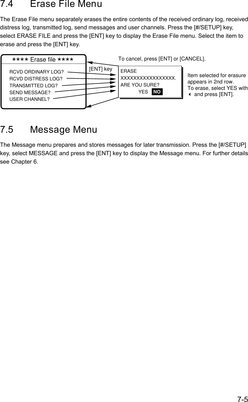 7-57.4 Erase File MenuThe Erase File menu separately erases the entire contents of the received ordinary log, receiveddistress log, transmitted log, send messages and user channels. Press the [#/SETUP] key,select ERASE FILE and press the [ENT] key to display the Erase File menu. Select the item toerase and press the [ENT] key.**** Erase file ****RCVD ORDINARY LOG?RCVD DISTRESS LOG?TRANSMITTED LOG?SEND MESSAGE?USER CHANNEL?To cancel, press [ENT] or [CANCEL].Item selected for erasureappears in 2nd row. To erase, select YES with and press [ENT].ERASEXXXXXXXXXXXXXXXXX.ARE YOU SURE?YES    NO[ENT] key7.5 Message MenuThe Message menu prepares and stores messages for later transmission. Press the [#/SETUP]key, select MESSAGE and press the [ENT] key to display the Message menu. For further detailssee Chapter 6.