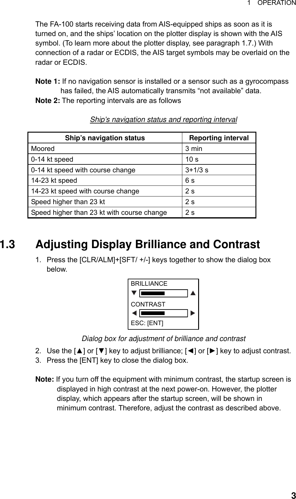 1  OPERATION  3The FA-100 starts receiving data from AIS-equipped ships as soon as it is turned on, and the ships’ location on the plotter display is shown with the AIS symbol. (To learn more about the plotter display, see paragraph 1.7.) With connection of a radar or ECDIS, the AIS target symbols may be overlaid on the radar or ECDIS.  Note 1: If no navigation sensor is installed or a sensor such as a gyrocompass has failed, the AIS automatically transmits “not available” data. Note 2: The reporting intervals are as follows  Ship’s navigation status and reporting interval Ship’s navigation status  Reporting interval Moored 3 min 0-14 kt speed  10 s 0-14 kt speed with course change  3+1/3 s 14-23 kt speed  6 s 14-23 kt speed with course change  2 s Speed higher than 23 kt  2 s Speed higher than 23 kt with course change  2 s   1.3  Adjusting Display Brilliance and Contrast 1.  Press the [CLR/ALM]+[SFT/ +/-] keys together to show the dialog box below. BRILLIANCECONTRASTESC:[ENT]TSWX Dialog box for adjustment of brilliance and contrast 2.  Use the [▲] or [▼] key to adjust brilliance; [◄] or [►] key to adjust contrast. 3.  Press the [ENT] key to close the dialog box.  Note: If you turn off the equipment with minimum contrast, the startup screen is displayed in high contrast at the next power-on. However, the plotter display, which appears after the startup screen, will be shown in minimum contrast. Therefore, adjust the contrast as described above.  