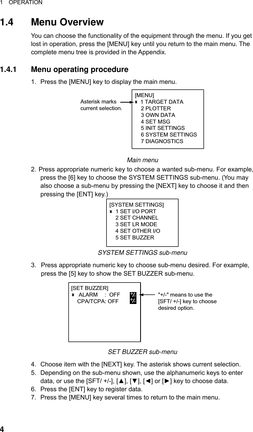 1  OPERATION  41.4 Menu Overview You can choose the functionality of the equipment through the menu. If you get lost in operation, press the [MENU] key until you return to the main menu. The complete menu tree is provided in the Appendix.  1.4.1  Menu operating procedure 1.  Press the [MENU] key to display the main menu. [MENU]   1 TARGET DATA    2 PLOTTER    3 OWN DATA    4 SET MSG    5 INIT SETTINGS    6 SYSTEM SETTINGS    7 DIAGNOSTICSAsterisk markscurrent selection.  Main menu 2. Press appropriate numeric key to choose a wanted sub-menu. For example, press the [6] key to choose the SYSTEM SETTINGS sub-menu. (You may also choose a sub-menu by pressing the [NEXT] key to choose it and then pressing the [ENT] key.) [SYSTEM SETTINGS]    1 SET I/O PORT    2 SET CHANNEL    3 SET LR MODE    4 SET OTHER I/O    5 SET BUZZER SYSTEM SETTINGS sub-menu 3.  Press appropriate numeric key to choose sub-menu desired. For example, press the [5] key to show the SET BUZZER sub-menu. [SET BUZZER]     ALARM :  OFF    CPA/TCPA: OFF +-&quot;+/-&quot; means to use the[SFT/ +/-] key to choosedesired option.+- SET BUZZER sub-menu 4.  Choose item with the [NEXT] key. The asterisk shows current selection. 5.  Depending on the sub-menu shown, use the alphanumeric keys to enter data, or use the [SFT/ +/-], [▲], [▼], [◄] or [►] key to choose data. 6.  Press the [ENT] key to register data. 7.  Press the [MENU] key several times to return to the main menu.  