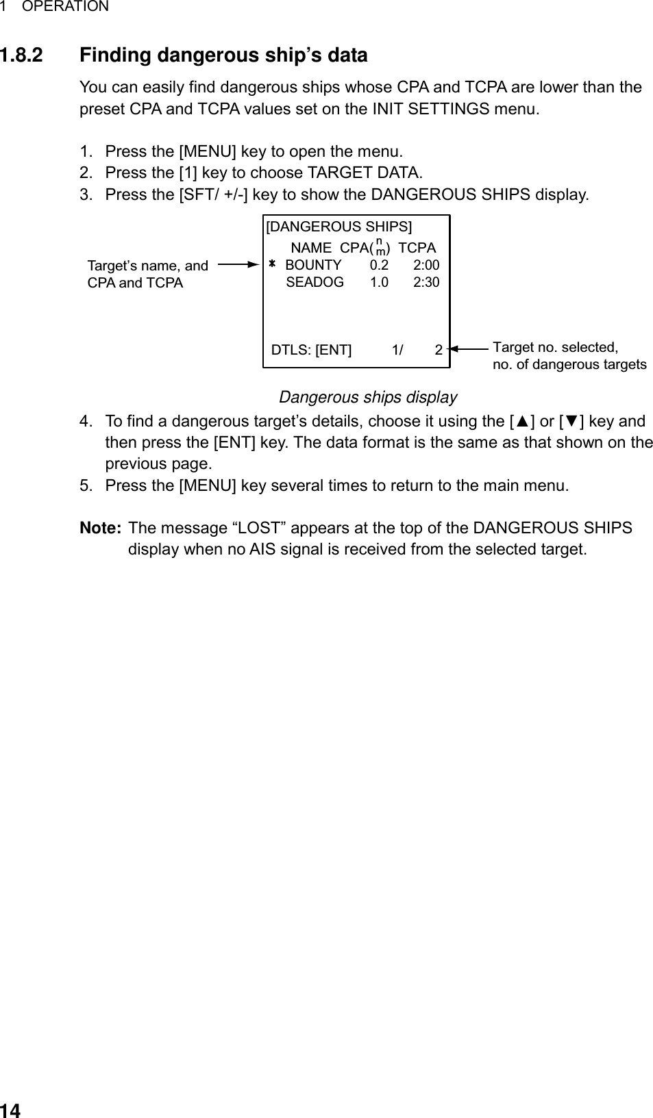 1  OPERATION  14 1.8.2  Finding dangerous ship’s data You can easily find dangerous ships whose CPA and TCPA are lower than the preset CPA and TCPA values set on the INIT SETTINGS menu.  1.  Press the [MENU] key to open the menu. 2.  Press the [1] key to choose TARGET DATA. 3.  Press the [SFT/ +/-] key to show the DANGEROUS SHIPS display.   [DANGEROUS SHIPS]     NAME  CPA(   )  TCPA   BOUNTY 0.2 2:00    SEADOG  1.0 2:30    DTLS: [ENT]          1/        2Target’s name, andCPA and TCPATarget no. selected,no. of dangerous targetsnm Dangerous ships display 4.  To find a dangerous target’s details, choose it using the [▲] or [▼] key and then press the [ENT] key. The data format is the same as that shown on the previous page. 5.  Press the [MENU] key several times to return to the main menu.  Note:  The message “LOST” appears at the top of the DANGEROUS SHIPS display when no AIS signal is received from the selected target.   