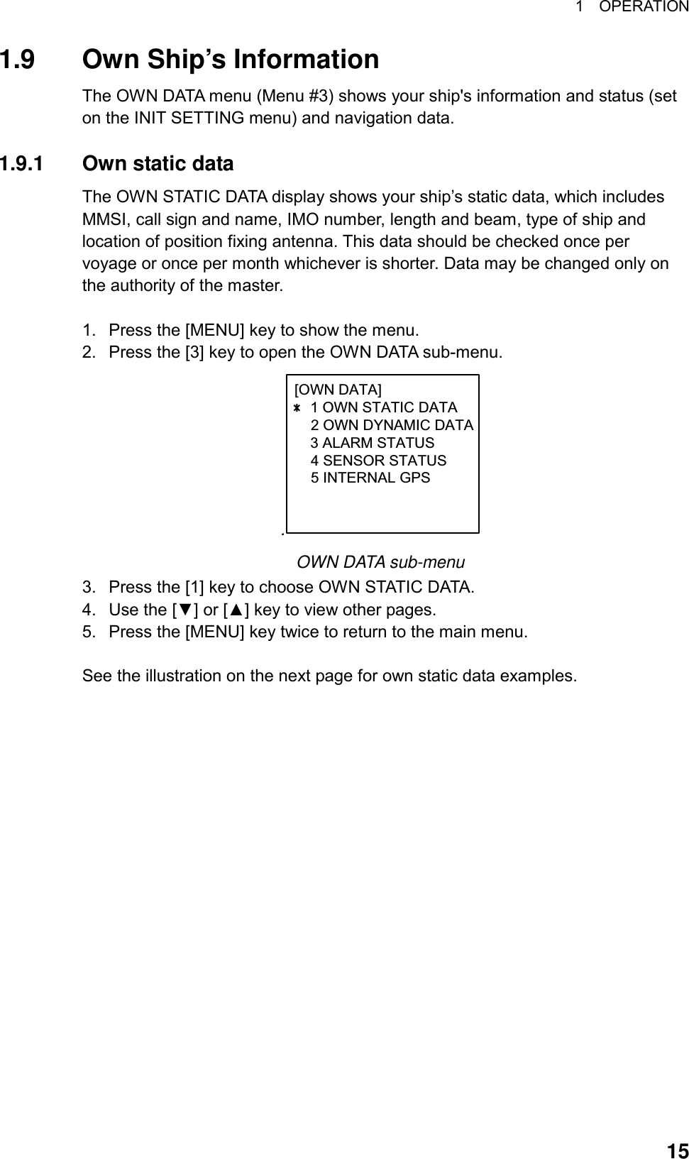 1  OPERATION  151.9  Own Ship’s Information The OWN DATA menu (Menu #3) shows your ship&apos;s information and status (set on the INIT SETTING menu) and navigation data.  1.9.1  Own static data The OWN STATIC DATA display shows your ship’s static data, which includes MMSI, call sign and name, IMO number, length and beam, type of ship and location of position fixing antenna. This data should be checked once per voyage or once per month whichever is shorter. Data may be changed only on the authority of the master.  1.  Press the [MENU] key to show the menu. 2.  Press the [3] key to open the OWN DATA sub-menu. .[OWN DATA] 1 OWN STATIC DATA    2 OWN DYNAMIC DATA3 ALARM STATUS    4 SENSOR STATUS    5 INTERNAL GPS     OWN DATA sub-menu 3.  Press the [1] key to choose OWN STATIC DATA.   4.  Use the [▼] or [▲] key to view other pages. 5.  Press the [MENU] key twice to return to the main menu.  See the illustration on the next page for own static data examples. 