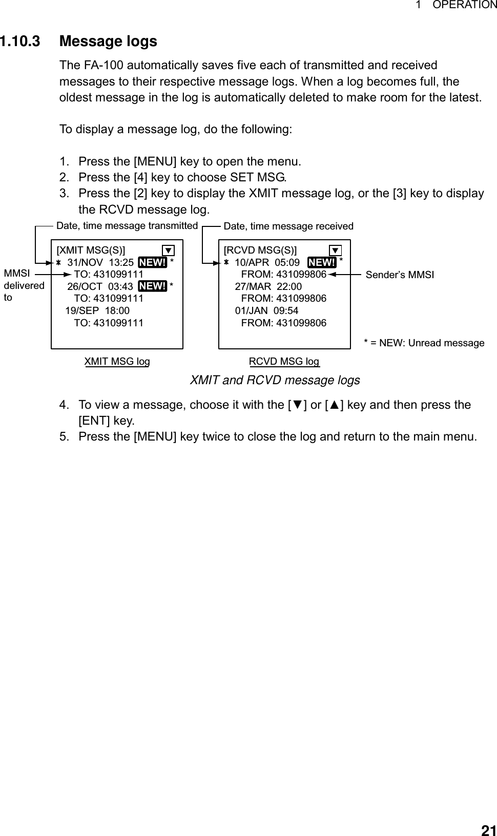 1  OPERATION  211.10.3 Message logs The FA-100 automatically saves five each of transmitted and received messages to their respective message logs. When a log becomes full, the oldest message in the log is automatically deleted to make room for the latest.    To display a message log, do the following:  1.  Press the [MENU] key to open the menu. 2.  Press the [4] key to choose SET MSG. 3.  Press the [2] key to display the XMIT message log, or the [3] key to display the RCVD message log. [XMIT MSG(S)]                31/NOV  13:25             *TO: 43109911126/OCT  03:43             *TO: 431099111   19/SEP  18:00TO: 431099111XMIT MSG logDate, time message transmittedMMSIdeliveredto[RCVD MSG(S)]             10/APR  05:09FROM: 431099806     27/MAR  22:00FROM: 431099806        01/JAN  09:54FROM: 431099806RCVD MSG logDate, time message receivedSender’s MMSINEW!NEW!NEW!* = NEW: Unread message* XMIT and RCVD message logs 4.  To view a message, choose it with the [▼] or [▲] key and then press the [ENT] key. 5.  Press the [MENU] key twice to close the log and return to the main menu. 