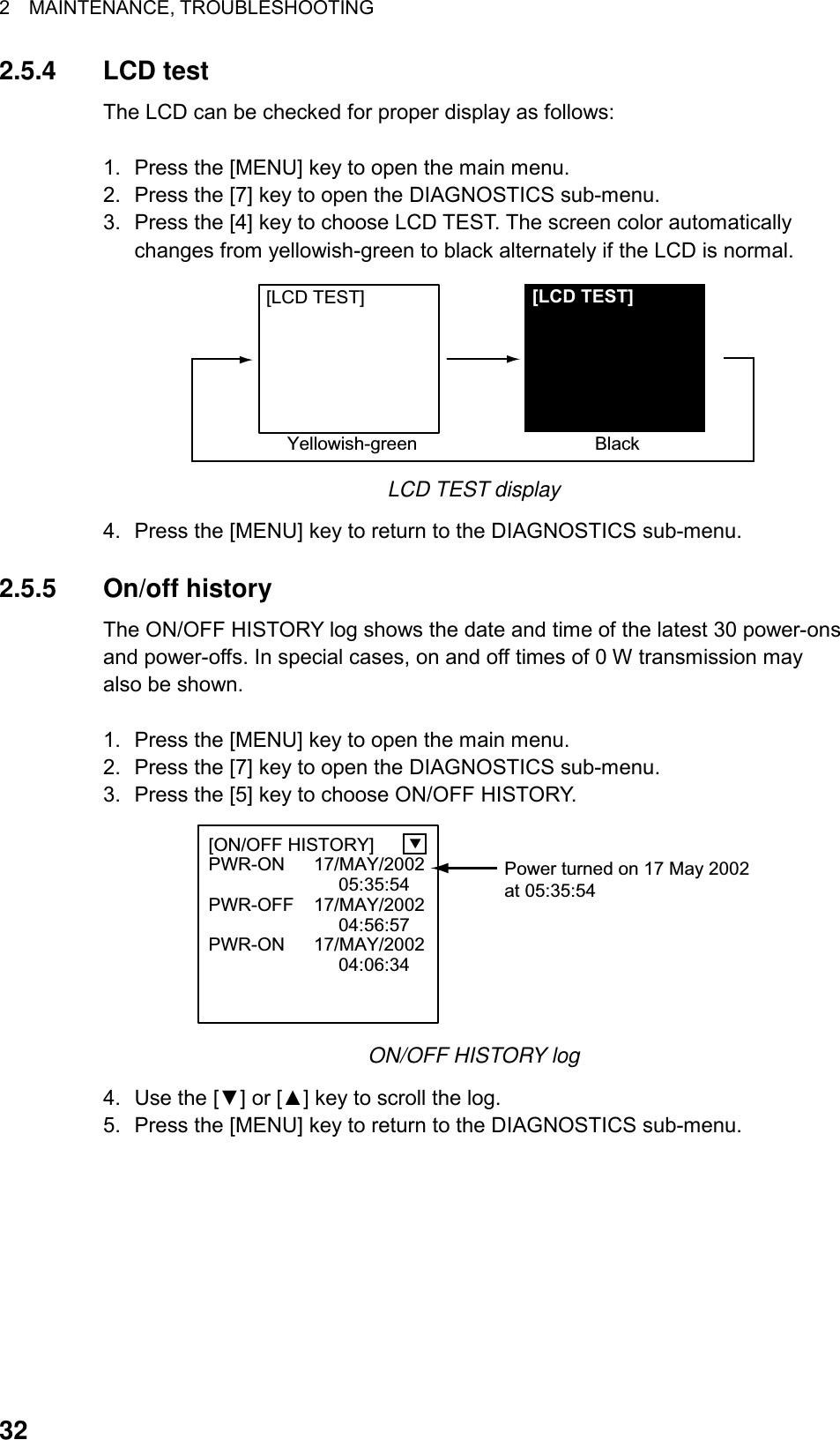 2  MAINTENANCE, TROUBLESHOOTING  322.5.4 LCD test The LCD can be checked for proper display as follows:  1.  Press the [MENU] key to open the main menu. 2.  Press the [7] key to open the DIAGNOSTICS sub-menu. 3.  Press the [4] key to choose LCD TEST. The screen color automatically changes from yellowish-green to black alternately if the LCD is normal. [LCD TEST]     [LCD TEST]         Yellowish-green                                   Black LCD TEST display 4.  Press the [MENU] key to return to the DIAGNOSTICS sub-menu.  2.5.5 On/off history The ON/OFF HISTORY log shows the date and time of the latest 30 power-ons and power-offs. In special cases, on and off times of 0 W transmission may also be shown.  1.  Press the [MENU] key to open the main menu. 2.  Press the [7] key to open the DIAGNOSTICS sub-menu. 3.  Press the [5] key to choose ON/OFF HISTORY.   [ON/OFF HISTORY]PWR-ON 17/MAY/200205:35:54PWR-OFF 17/MAY/200204:56:57PWR-ON 17/MAY/200204:06:34    Power turned on 17 May 2002at 05:35:54 ON/OFF HISTORY log 4.  Use the [▼] or [▲] key to scroll the log. 5.  Press the [MENU] key to return to the DIAGNOSTICS sub-menu.  