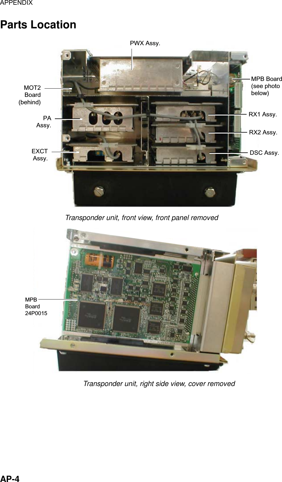 APPENDIX  AP-4 Parts Location PAAssy.RX2 Assy. RX1 Assy. DSC Assy.EXCTAssy.MPB Board(see photobelow) MOT2Board(behind)PWX Assy. Transponder unit, front view, front panel removed MPBBoard24P0015 Transponder unit, right side view, cover removed 