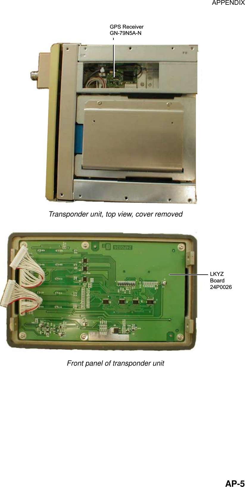 APPENDIX  AP-5 GPS ReceiverGN-79N5A-N Transponder unit, top view, cover removed LKYZBoard24P0026 Front panel of transponder unit 