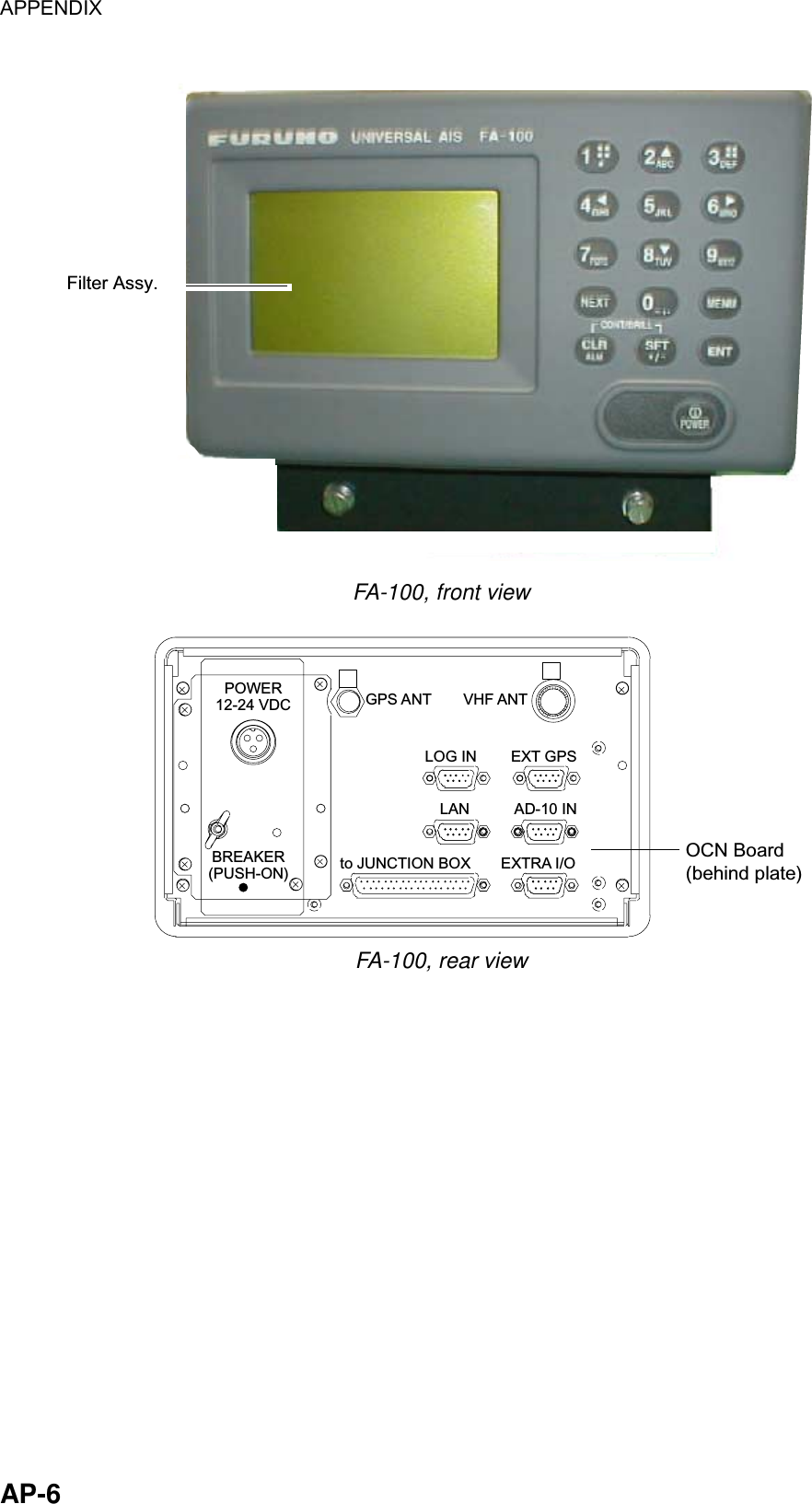 APPENDIX  AP-6 Filter Assy. FA-100, front view OCN Board(behind plate)LOG INAD-10 INEXTRA I/OLANGPS ANTEXT GPSVHF ANTto JUNCTION BOXPOWER12-24 VDCBREAKER(PUSH-ON) FA-100, rear view  