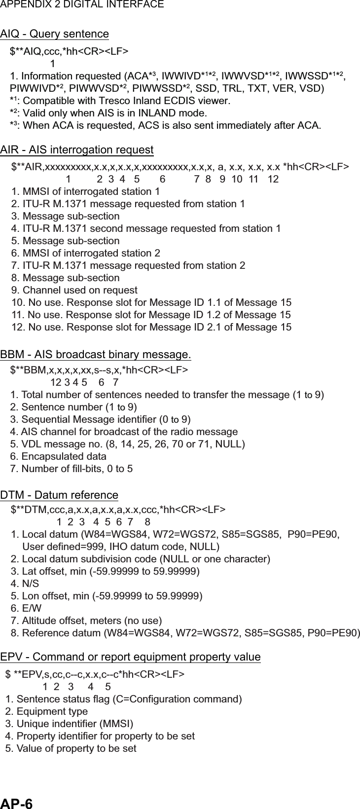 APPENDIX 2 DIGITAL INTERFACEAP-6AIQ - Query sentenceAIR - AIS interrogation requestBBM - AIS broadcast binary message.DTM - Datum referenceEPV - Command or report equipment property value$**AIQ,ccc,*hh&lt;CR&gt;&lt;LF&gt;             11. Information requested (ACA*3, IWWIVD*1*2, IWWVSD*1*2, IWWSSD*1*2, PIWWIVD*2, PIWWVSD*2, PIWWSSD*2, SSD, TRL, TXT, VER, VSD)*1: Compatible with Tresco Inland ECDIS viewer.*2: Valid only when AIS is in INLAND mode.*3: When ACA is requested, ACS is also sent immediately after ACA.$**AIR,xxxxxxxxx,x.x,x,x.x,x,xxxxxxxxx,x.x,x, a, x.x, x.x, x.x *hh&lt;CR&gt;&lt;LF&gt;                   1         2  3  4   5       6          7  8   9  10  11   121. MMSI of interrogated station 12. ITU-R M.1371 message requested from station 13. Message sub-section4. ITU-R M.1371 second message requested from station 15. Message sub-section6. MMSI of interrogated station 27. ITU-R M.1371 message requested from station 28. Message sub-section9. Channel used on request10. No use. Response slot for Message ID 1.1 of Message 1511. No use. Response slot for Message ID 1.2 of Message 1512. No use. Response slot for Message ID 2.1 of Message 15$**BBM,x,x,x,x,xx,s--s,x,*hh&lt;CR&gt;&lt;LF&gt;             12 3 4 5    6   71. Total number of sentences needed to transfer the message (1 to 9)2. Sentence number (1 to 9)3. Sequential Message identifier (0 to 9)4. AIS channel for broadcast of the radio message5. VDL message no. (8, 14, 25, 26, 70 or 71, NULL)6. Encapsulated data7. Number of fill-bits, 0 to 5$**DTM,ccc,a,x.x,a,x.x,a,x.x,ccc,*hh&lt;CR&gt;&lt;LF&gt;                1  2  3   4  5  6  7    81. Local datum (W84=WGS84, W72=WGS72, S85=SGS85,  P90=PE90,  User defined=999, IHO datum code, NULL)2. Local datum subdivision code (NULL or one character)3. Lat offset, min (-59.99999 to 59.99999)4. N/S 5. Lon offset, min (-59.99999 to 59.99999)6. E/W 7. Altitude offset, meters (no use)8. Reference datum (W84=WGS84, W72=WGS72, S85=SGS85, P90=PE90)$ **EPV,s,cc,c--c,x.x,c--c*hh&lt;CR&gt;&lt;LF&gt;             1  2   3     4    5                     1. Sentence status flag (C=Configuration command)2. Equipment type3. Unique indentifier (MMSI)4. Property identifier for property to be set5. Value of property to be set