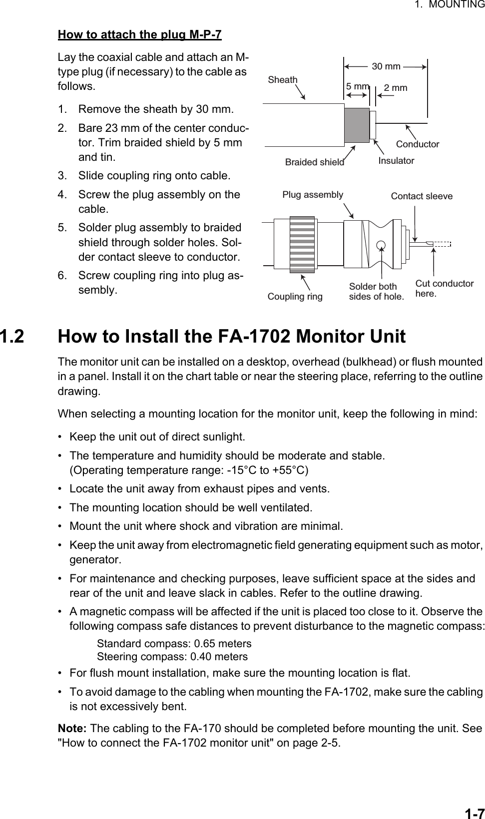 1.  MOUNTING1-7How to attach the plug M-P-7Lay the coaxial cable and attach an M-type plug (if necessary) to the cable as follows.1. Remove the sheath by 30 mm.2. Bare 23 mm of the center conduc-tor. Trim braided shield by 5 mm and tin.3. Slide coupling ring onto cable.4. Screw the plug assembly on the cable. 5. Solder plug assembly to braided shield through solder holes. Sol-der contact sleeve to conductor.6. Screw coupling ring into plug as-sembly.1.2 How to Install the FA-1702 Monitor UnitThe monitor unit can be installed on a desktop, overhead (bulkhead) or flush mounted in a panel. Install it on the chart table or near the steering place, referring to the outline drawing.When selecting a mounting location for the monitor unit, keep the following in mind:•  Keep the unit out of direct sunlight.•  The temperature and humidity should be moderate and stable.(Operating temperature range: -15°C to +55°C)•  Locate the unit away from exhaust pipes and vents.•  The mounting location should be well ventilated.•  Mount the unit where shock and vibration are minimal.•  Keep the unit away from electromagnetic field generating equipment such as motor, generator.•  For maintenance and checking purposes, leave sufficient space at the sides and rear of the unit and leave slack in cables. Refer to the outline drawing.•  A magnetic compass will be affected if the unit is placed too close to it. Observe the following compass safe distances to prevent disturbance to the magnetic compass:•  For flush mount installation, make sure the mounting location is flat.•  To avoid damage to the cabling when mounting the FA-1702, make sure the cabling is not excessively bent.Note: The cabling to the FA-170 should be completed before mounting the unit. See &quot;How to connect the FA-1702 monitor unit&quot; on page 2-5.Standard compass: 0.65 metersSteering compass: 0.40 metersSheath30 mm5 mm 2 mmConductorInsulatorBraided shieldPlug assembly Contact sleeveCut conductor here.Solder both sides of hole.Coupling ring