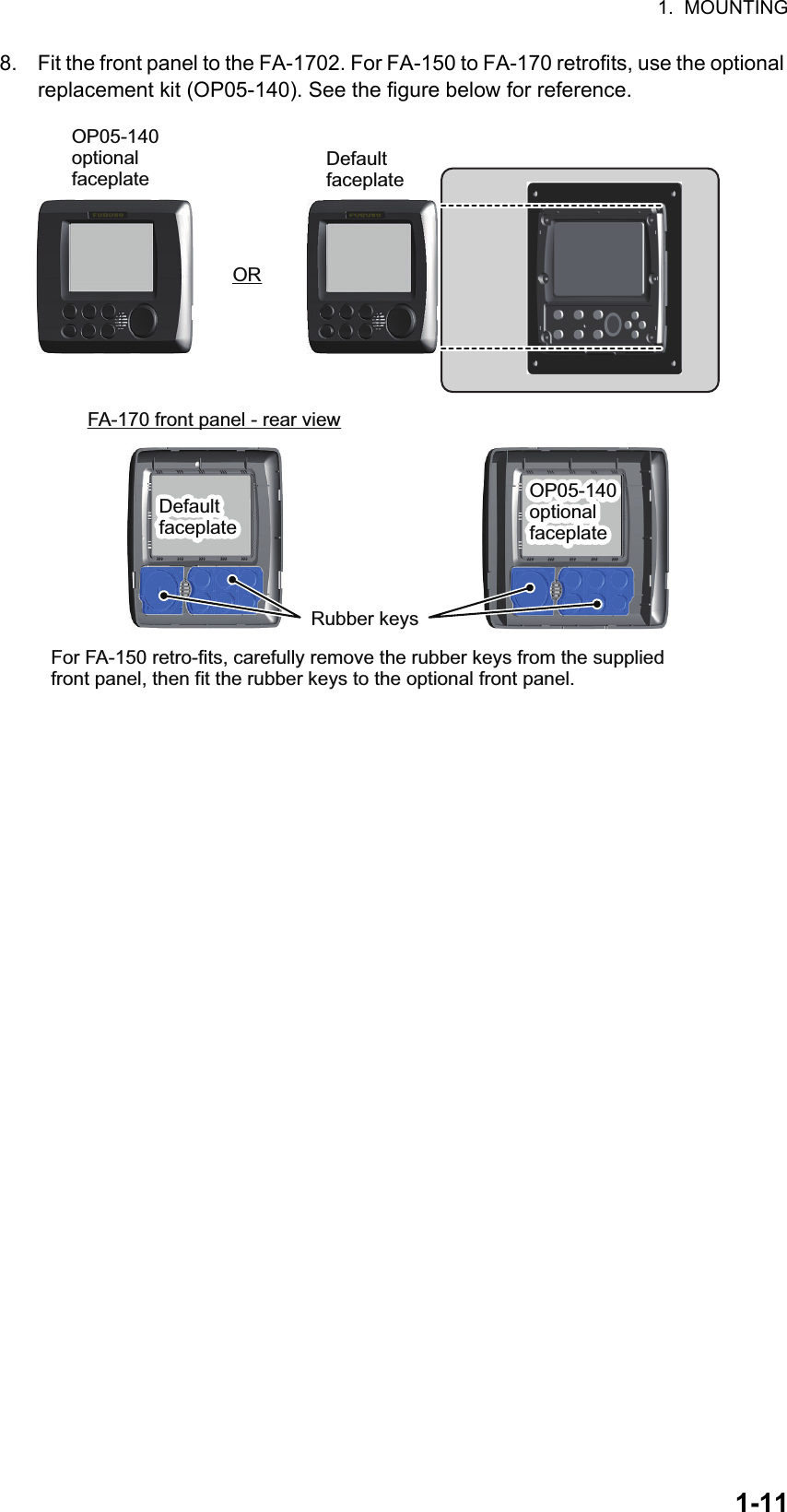 1.  MOUNTING1-118. Fit the front panel to the FA-1702. For FA-150 to FA-170 retrofits, use the optional replacement kit (OP05-140). See the figure below for reference.For FA-150 retro-fits, carefully remove the rubber keys from the supplied front panel, then fit the rubber keys to the optional front panel.FA-170 front panel - rear viewRubber keysOP05-140 optional faceplateOP05-140 optional faceplateOP05-140 optional faceplateOP05-140 optional faceplateDefault faceplateDefault faceplateDefault faceplateDefault faceplateOR