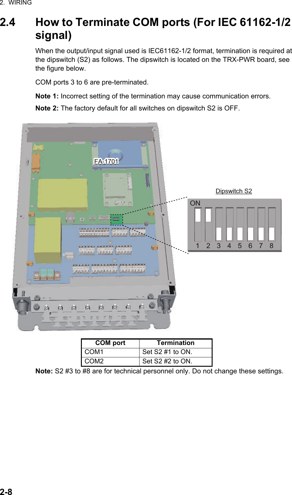 2.  WIRING2-82.4 How to Terminate COM ports (For IEC 61162-1/2 signal)When the output/input signal used is IEC61162-1/2 format, termination is required at the dipswitch (S2) as follows. The dipswitch is located on the TRX-PWR board, see the figure below. COM ports 3 to 6 are pre-terminated.Note 1: Incorrect setting of the termination may cause communication errors.Note 2: The factory default for all switches on dipswitch S2 is OFF.Note: S2 #3 to #8 are for technical personnel only. Do not change these settings.COM port  TerminationCOM1 Set S2 #1 to ON.COM2 Set S2 #2 to ON.ON12345678Dipswitch S2FA-1701FA-1701