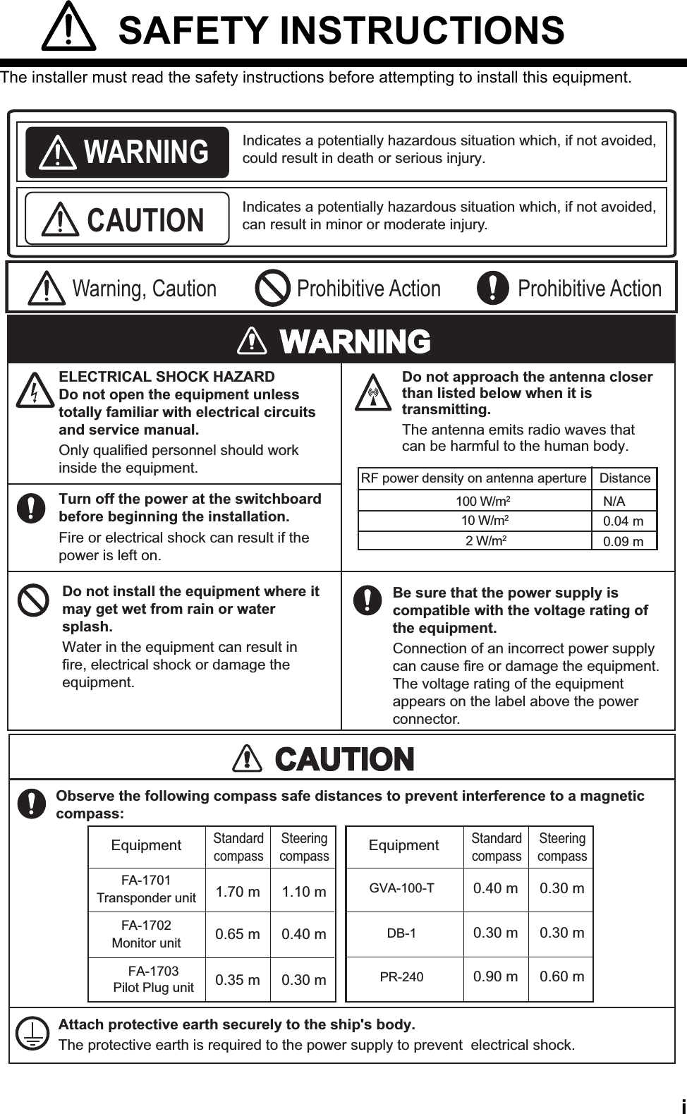 i SAFETY INSTRUCTIONSThe installer must read the safety instructions before attempting to install this equipment.WARNINGWARNINGBe sure that the power supply is compatible with the voltage rating of the equipment.Connection of an incorrect power supply can cause fire or damage the equipment. The voltage rating of the equipment appears on the label above the power connector.CAUTIONCAUTIONFA-1703Pilot Plug unitIndicates a potentially hazardous situation which, if not avoided, could result in death or serious injury.Warning, Caution Prohibitive ActionProhibitive ActionIndicates a potentially hazardous situation which, if not avoided, can result in minor or moderate injury.WARNINGCAUTIONELECTRICAL SHOCK HAZARDDo not open the equipment unless totally familiar with electrical circuits and service manual.Only qualified personnel should work inside the equipment.Turn off the power at the switchboard before beginning the installation.Fire or electrical shock can result if the power is left on.Do not install the equipment where it may get wet from rain or water splash.Water in the equipment can result in fire, electrical shock or damage the equipment.Observe the following compass safe distances to prevent interference to a magnetic compass:Standard compassSteering compassFA-1701Transponder unitFA-1702Monitor unitAttach protective earth securely to the ship&apos;s body.The protective earth is required to the power supply to prevent  electrical shock.1.70 m 1.10 m0.65 m 0.40 m0.35 m 0.30 mGVA-100-TStandard compassSteering compass0.40 m 0.30 mDB-10.30 m 0.30 mPR-2400.90 m 0.60 mDo not approach the antenna closer than listed below when it is transmitting.The antenna emits radio waves that can be harmful to the human body.RF power density on antenna aperture Distance100 W/m210 W/m22 W/m20.09 m0.04 mN/AEquipment Equipment