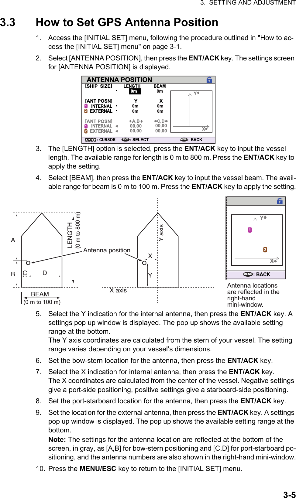 3.  SETTING AND ADJUSTMENT3-53.3 How to Set GPS Antenna Position1. Access the [INITIAL SET] menu, following the procedure outlined in &quot;How to ac-cess the [INITIAL SET] menu&quot; on page 3-1.2. Select [ANTENNA POSITION], then press the ENT/ACK key. The settings screen for [ANTENNA POSITION] is displayed.3. The [LENGTH] option is selected, press the ENT/ACK key to input the vessel length. The available range for length is 0 m to 800 m. Press the ENT/ACK key to apply the setting.4. Select [BEAM], then press the ENT/ACK key to input the vessel beam. The avail-able range for beam is 0 m to 100 m. Press the ENT/ACK key to apply the setting.5. Select the Y indication for the internal antenna, then press the ENT/ACK key. A settings pop up window is displayed. The pop up shows the available setting range at the bottom.The Y axis coordinates are calculated from the stern of your vessel. The setting range varies depending on your vessel’s dimensions.6. Set the bow-stern location for the antenna, then press the ENT/ACK key.7. Select the X indication for internal antenna, then press the ENT/ACK key.The X coordinates are calculated from the center of the vessel. Negative settings give a port-side positioning, positive settings give a starboard-side positioning.8. Set the port-starboard location for the antenna, then press the ENT/ACK key.9. Set the location for the external antenna, then press the ENT/ACK key. A settings pop up window is displayed. The pop up shows the available setting range at the bottom.Note: The settings for the antenna location are reflected at the bottom of the screen, in gray, as [A,B] for bow-stern positioning and [C,D] for port-starboard po-sitioning, and the antenna numbers are also shown in the right-hand mini-window.10. Press the MENU/ESC key to return to the [INITIAL SET] menu.ANTENNA POSITION[SHIP  SIZE][ANT POSN][ANT POSN]LENGTHINTERNALEXTERNALINTERNALEXTERNALYYXXBEAM: SELECT0m 0m0m0m0m0m00,0000,00 00,0000,00A,B C,DENT: BACKMENU1212: CURSORX axis Y axis Antenna position XCABDYBEAM(0 m to 100 m)LENGTH(0 m to 800 m)(0 m to 800 m)YX: BACKMENU12Antenna locations are reflected in the right-hand mini-window.