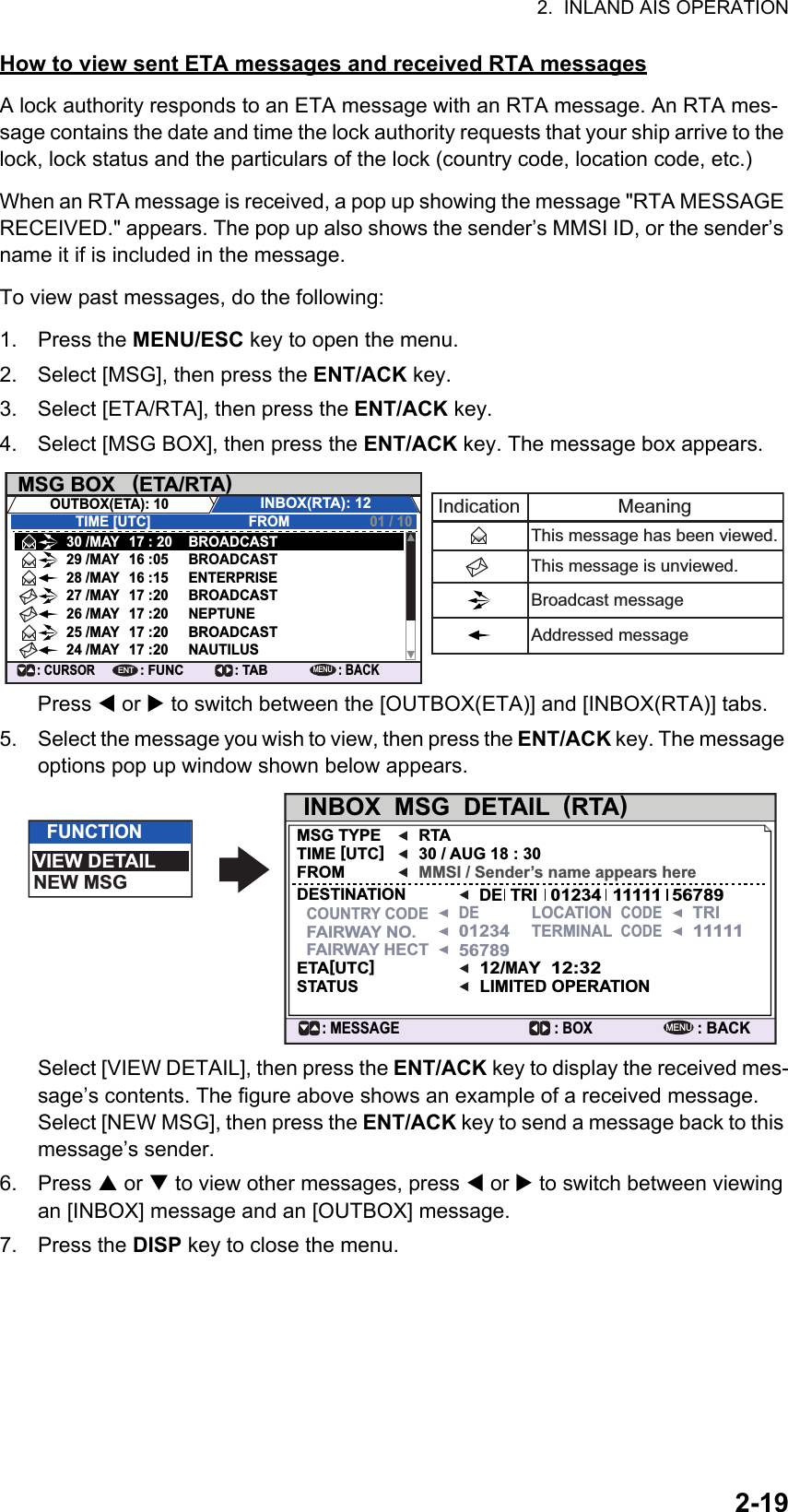 2.  INLAND AIS OPERATION2-19How to view sent ETA messages and received RTA messagesA lock authority responds to an ETA message with an RTA message. An RTA mes-sage contains the date and time the lock authority requests that your ship arrive to the lock, lock status and the particulars of the lock (country code, location code, etc.)When an RTA message is received, a pop up showing the message &quot;RTA MESSAGE RECEIVED.&quot; appears. The pop up also shows the sender’s MMSI ID, or the sender’s name it if is included in the message.To view past messages, do the following:1. Press the MENU/ESC key to open the menu.2. Select [MSG], then press the ENT/ACK key.3. Select [ETA/RTA], then press the ENT/ACK key.4. Select [MSG BOX], then press the ENT/ACK key. The message box appears.Press  or  to switch between the [OUTBOX(ETA)] and [INBOX(RTA)] tabs.5. Select the message you wish to view, then press the ENT/ACK key. The message options pop up window shown below appears.Select [VIEW DETAIL], then press the ENT/ACK key to display the received mes-sage’s contents. The figure above shows an example of a received message.Select [NEW MSG], then press the ENT/ACK key to send a message back to this message’s sender.6. Press  or  to view other messages, press  or  to switch between viewing an [INBOX] message and an [OUTBOX] message.7. Press the DISP key to close the menu.MSG BOX   (ETA/RTA) INBOX(RTA): 12OUTBOX(ETA): 10TIME [UTC]30 /MAY 17 : 20 BROADCASTBROADCASTENTERPRISEBROADCASTNEPTUNEBROADCASTNAUTILUS29 /MAY 16 :0528 /MAY 16 :1527 /MAY 17 :2026 /MAY 17 :2025 /MAY 17 :2024 /MAY 17 :20FROM 01 / 10: CURSOR: FUNCENT: TAB: BACKMENUIndication MeaningThis message has been viewed.This message is unviewed.Broadcast messageAddressed messageINBOX  MSG  DETAIL  (RTA): MESSAGE : BOX: BACKMENUMSG TYPE RTA30 / AUG 18 : 30FROMTIME [UTC]DESTINATIONCOUNTRY CODEFAIRWAY NO.FAIRWAY HECTETA[UTC]STATUSMMSI / Sender’s name appears hereDEDELOCATION  CODETRI11111TERMINAL  CODE012345678912/MAYLIMITED OPERATION12:32TRI012341111156789FUNCTIONVIEW DETAILNEW MSG