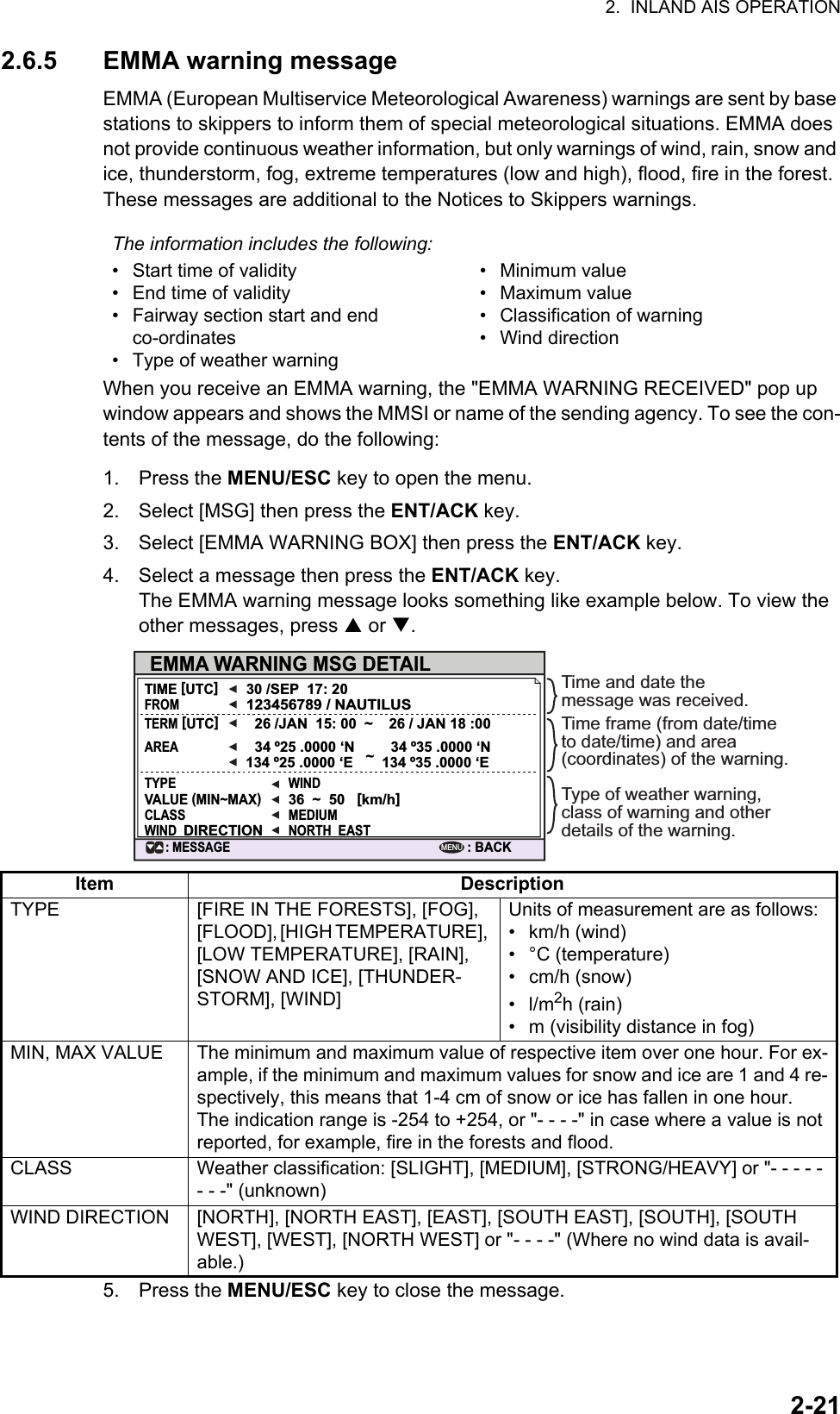 2.  INLAND AIS OPERATION2-212.6.5 EMMA warning messageEMMA (European Multiservice Meteorological Awareness) warnings are sent by base stations to skippers to inform them of special meteorological situations. EMMA does not provide continuous weather information, but only warnings of wind, rain, snow and ice, thunderstorm, fog, extreme temperatures (low and high), flood, fire in the forest. These messages are additional to the Notices to Skippers warnings.When you receive an EMMA warning, the &quot;EMMA WARNING RECEIVED&quot; pop up window appears and shows the MMSI or name of the sending agency. To see the con-tents of the message, do the following:1. Press the MENU/ESC key to open the menu.2. Select [MSG] then press the ENT/ACK key.3. Select [EMMA WARNING BOX] then press the ENT/ACK key.4. Select a message then press the ENT/ACK key.The EMMA warning message looks something like example below. To view the other messages, press  or .5. Press the MENU/ESC key to close the message.The information includes the following:•  Start time of validity•  End time of validity•  Fairway section start and end co-ordinates•  Type of weather warning• Minimum value• Maximum value• Classification of warning• Wind directionItem DescriptionTYPE [FIRE IN THE FORESTS], [FOG], [FLOOD], [HIGH TEMPERATURE], [LOW TEMPERATURE], [RAIN], [SNOW AND ICE], [THUNDER-STORM], [WIND]Units of measurement are as follows:• km/h (wind)• °C (temperature)• cm/h (snow)• l/m2h (rain)•  m (visibility distance in fog)MIN, MAX VALUE The minimum and maximum value of respective item over one hour. For ex-ample, if the minimum and maximum values for snow and ice are 1 and 4 re-spectively, this means that 1-4 cm of snow or ice has fallen in one hour.The indication range is -254 to +254, or &quot;- - - -&quot; in case where a value is not reported, for example, fire in the forests and flood.CLASS Weather classification: [SLIGHT], [MEDIUM], [STRONG/HEAVY] or &quot;- - - - - - - -&quot; (unknown)WIND DIRECTION [NORTH], [NORTH EAST], [EAST], [SOUTH EAST], [SOUTH], [SOUTH WEST], [WEST], [NORTH WEST] or &quot;- - - -&quot; (Where no wind data is avail-able.)EMMA WARNING MSG DETAILTIME [UTC]30 /SEP  17: 2026 /JAN  15: 00  ~    26 / JAN 18 :00 34 º25 .0000 ‘N  34 º35 .0000 ‘N134 º25 .0000 ‘E  134 º35 .0000 ‘E123456789 / NAUTILUSTERM [UTC]AREATYPE WINDMEDIUMNORTH  EAST36  ~  50   [km/h]CLASSWIND  DIRECTIONVALUE (MIN~MAX)FROM: MESSAGE: BACKMENU~Time and date the message was received.Time frame (from date/time to date/time) and area (coordinates) of the warning.Type of weather warning, class of warning and other details of the warning.