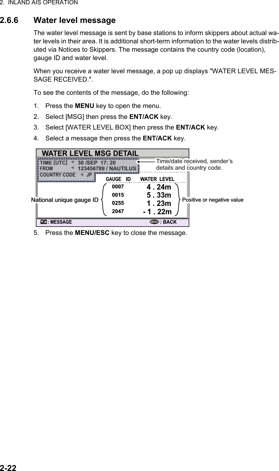 2.  INLAND AIS OPERATION2-222.6.6 Water level messageThe water level message is sent by base stations to inform skippers about actual wa-ter levels in their area. It is additional short-term information to the water levels distrib-uted via Notices to Skippers. The message contains the country code (location), gauge ID and water level.When you receive a water level message, a pop up displays &quot;WATER LEVEL MES-SAGE RECEIVED.&quot;.To see the contents of the message, do the following:1. Press the MENU key to open the menu.2. Select [MSG] then press the ENT/ACK key.3. Select [WATER LEVEL BOX] then press the ENT/ACK key.4. Select a message then press the ENT/ACK key.5. Press the MENU/ESC key to close the message.WATER LEVEL MSG DETAIL4 . 24m5 . 33m1 . 23m- 1 . 22mTIME [UTC]30 /SEP  17: 20123456789 / NAUTILUSFROMCOUNTRY CODE JPGAUGE    ID0007001502552047WATER  LEVEL: MESSAGE: BACKMENUNational unique gauge IDNational unique gauge IDNational unique gauge ID Positive or negative valuePositive or negative valuePositive or negative valueTIME[UTC]30 /SEP  17: 20123456789 / NAUTILUSFROMCOUNTRY CODEJPTime/date received, sender’s details and country code.Time/date received, sender’s details and country code.