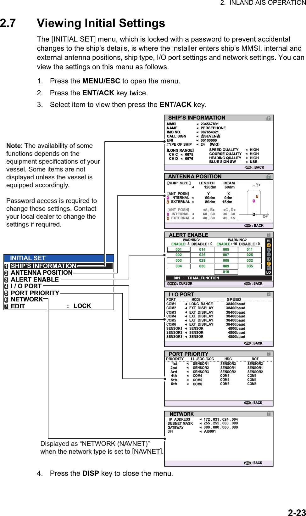 2.  INLAND AIS OPERATION2-232.7 Viewing Initial SettingsThe [INITIAL SET] menu, which is locked with a password to prevent accidental changes to the ship’s details, is where the installer enters ship’s MMSI, internal and external antenna positions, ship type, I/O port settings and network settings. You can view the settings on this menu as follows.1. Press the MENU/ESC to open the menu.2. Press the ENT/ACK key twice.3. Select item to view then press the ENT/ACK key.4. Press the DISP key to close the menu.SHIP’S INFORMATIONMMSI 234567891PERSEPHONE98765432100100000@SEVEN@NAMEIMO NO.CALL SIGNENICH C  0075CH D  0076[LONG RANGE]: BACKMENU24  (WIG)TYPE OF SHIPHIGHSPEED QUALITYCOURSE QUALITYHEADING QUALITYBLUE SIGN SWHIGHHIGHUSEANTENNA POSITION: BACKMENU120dm 60dm60dm80dmXY210[SHIP  SIZE ] LENGTH  BEAM[ANT  POSN] Y X[ANT  POSN] A , B  C , DINTERNALEXTERNALINTERNAL60 , 6040 , 8030 , 3045 , 15EXTERNAL12120dm15dmALERT ENABLE: BACK: CURSORMENUWARNING1ENABLE001 014026030029005007009010008011025035032002003004DISABLEENABLEHILO001 :TX MALFUNCTIONDISABLEWARNING2: 8 : 0 : 0: 10PORTCOM138400baud38400baud38400baud38400baud38400baud38400baud4800baud4800baud4800baudCOM2COM3COM4COM5COM6SENSOR1SENSOR2SENSOR3 SENSORSENSORSENSOREXT  DISPLAYEXT  DISPLAYEXT  DISPLAYEXT  DISPLAYEXT  DISPLAYLONG  RANGEMODESPEEDI / O PORT: BACKMENULOCKSHIP’S INFORMATIONANTENNA POSITIONALERT ENABLEI / O PORTPORT PRIORITYNETWORKEDIT :INITIAL SET1234567PRIORITYLL /SOG / COGHDGROT2nd1st3rd4th5th6thSENSOR1SENSOR3 SENSOR3SENSOR1 SENSOR1SENSOR2 SENSOR2SENSOR2SENSOR3COM4 COM6COM4COM5COM6COM4COM5COM5COM6PORT PRIORITY: BACKMENU IP  ADDRESS172 . 031 . 024 . 004255 . 255 . 000 . 000000 . 000 . 000 . 000SUBNET MASKGATEWAYAI0001SFINETWORK: BACKMENUNote: The availability of some functions depends on the equipment specifications of your vessel. Some items are not displayed unless the vessel is equipped accordingly.Password access is required to change these settings. Contact your local dealer to change the settings if required.Displayed as “NETWORK (NAVNET)” when the network type is set to [NAVNET].