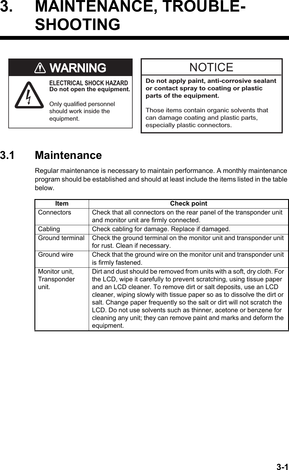 3-13. MAINTENANCE, TROUBLE-SHOOTING3.1 MaintenanceRegular maintenance is necessary to maintain performance. A monthly maintenance program should be established and should at least include the items listed in the table below.Item Check pointConnectors Check that all connectors on the rear panel of the transponder unit and monitor unit are firmly connected.Cabling Check cabling for damage. Replace if damaged.Ground terminal Check the ground terminal on the monitor unit and transponder unit for rust. Clean if necessary.Ground wire Check that the ground wire on the monitor unit and transponder unit is firmly fastened.Monitor unit, Transponder unit.Dirt and dust should be removed from units with a soft, dry cloth. For the LCD, wipe it carefully to prevent scratching, using tissue paper and an LCD cleaner. To remove dirt or salt deposits, use an LCD cleaner, wiping slowly with tissue paper so as to dissolve the dirt or salt. Change paper frequently so the salt or dirt will not scratch the LCD. Do not use solvents such as thinner, acetone or benzene for cleaning any unit; they can remove paint and marks and deform the equipment.WARNINGWARNINGELECTRICAL SHOCK HAZARDDo not open the equipment.Only qualified personnelshould work inside theequipment.NOTICEDo not apply paint, anti-corrosive sealantor contact spray to coating or plastic parts of the equipment. Those items contain organic solvents that can damage coating and plastic parts, especially plastic connectors.