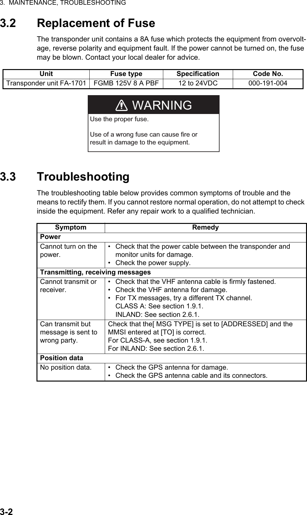 3.  MAINTENANCE, TROUBLESHOOTING3-23.2 Replacement of FuseThe transponder unit contains a 8A fuse which protects the equipment from overvolt-age, reverse polarity and equipment fault. If the power cannot be turned on, the fuse may be blown. Contact your local dealer for advice.3.3 TroubleshootingThe troubleshooting table below provides common symptoms of trouble and the means to rectify them. If you cannot restore normal operation, do not attempt to check inside the equipment. Refer any repair work to a qualified technician.Unit Fuse type Specification Code No.Transponder unit FA-1701 FGMB 125V 8 A PBF 12 to 24VDC 000-191-004Symptom RemedyPowerCannot turn on the power.•  Check that the power cable between the transponder and monitor units for damage.•  Check the power supply.Transmitting, receiving messagesCannot transmit or receiver.•  Check that the VHF antenna cable is firmly fastened.•  Check the VHF antenna for damage.•  For TX messages, try a different TX channel. CLASS A: See section 1.9.1.INLAND: See section 2.6.1.Can transmit but message is sent to wrong party.Check that the[ MSG TYPE] is set to [ADDRESSED] and the MMSI entered at [TO] is correct.For CLASS-A, see section 1.9.1.For INLAND: See section 2.6.1.Position dataNo position data. •  Check the GPS antenna for damage.•  Check the GPS antenna cable and its connectors.WARNINGUse the proper fuse.Use of a wrong fuse can cause fire orresult in damage to the equipment.