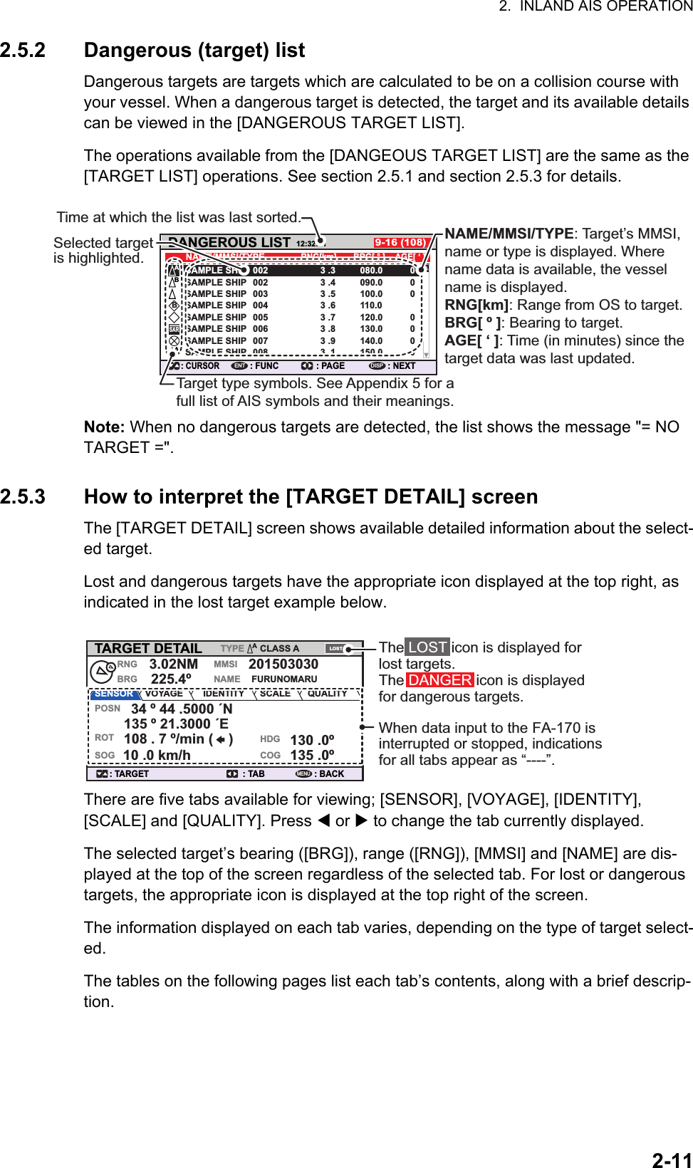 2.  INLAND AIS OPERATION2-112.5.2 Dangerous (target) listDangerous targets are targets which are calculated to be on a collision course with your vessel. When a dangerous target is detected, the target and its available details can be viewed in the [DANGEROUS TARGET LIST].The operations available from the [DANGEOUS TARGET LIST] are the same as the [TARGET LIST] operations. See section 2.5.1 and section 2.5.3 for details.Note: When no dangerous targets are detected, the list shows the message &quot;= NO TARGET =&quot;.2.5.3 How to interpret the [TARGET DETAIL] screenThe [TARGET DETAIL] screen shows available detailed information about the select-ed target.Lost and dangerous targets have the appropriate icon displayed at the top right, as indicated in the lost target example below.There are five tabs available for viewing; [SENSOR], [VOYAGE], [IDENTITY], [SCALE] and [QUALITY]. Press  or  to change the tab currently displayed.The selected target’s bearing ([BRG]), range ([RNG]), [MMSI] and [NAME] are dis-played at the top of the screen regardless of the selected tab. For lost or dangerous targets, the appropriate icon is displayed at the top right of the screen.The information displayed on each tab varies, depending on the type of target select-ed.The tables on the following pages list each tab’s contents, along with a brief descrip-tion.DANGEROUS LIST12:32:019-16 (108): CURSOR: FUNCENT: PAGE : NEXTDISPSAMPLE SHIP  003  3 .5  100.0  0SAMPLE SHIP  004  3 .6  110.0SAMPLE SHIP  005  3 .7  120.0  0SAMPLE SHIP  006  3 .8  130.0  0SAMPLE SHIP  007  3 .9  140.0  0SAMPLE SHIP  008  3 .1  150.0  0SAMPLE SHIP  002  3 .4  090.0  0SAMPLE SHIP  002  3 .3  080.0  0NAME/MMSI/TYPE RNG[km]  BRG[ ° ]   AGE[ ‘ ]BAASARBTarget type symbols. See Appendix 5 for a full list of AIS symbols and their meanings.NAME/MMSI/TYPE: Target’s MMSI, name or type is displayed. Where name data is available, the vessel name is displayed.RNG[km]: Range from OS to target.BRG[ º ]: Bearing to target.AGE[ ‘ ]: Time (in minutes) since the target data was last updated.Selected target is highlighted.Time at which the list was last sorted.TARGET DETAIL: TAB: TARGET : BACKMENUSENSOR VOYAGE IDENTITY SCALE QUALITYCLASS AFURUNOMARUTYPE34 º 44 .5000 ´N130 .0º135 .0º135 º 21.3000 ´E108 . 7 º/min (    )10 .0 km/hPOSNHDGCOGROTSOG225.4º3.02NMBRGRNG 201503030NAMEMMSILOSTAThe LOST icon is displayed for lost targets.The DANGER icon is displayed for dangerous targets.When data input to the FA-170 is interrupted or stopped, indications for all tabs appear as “----”.