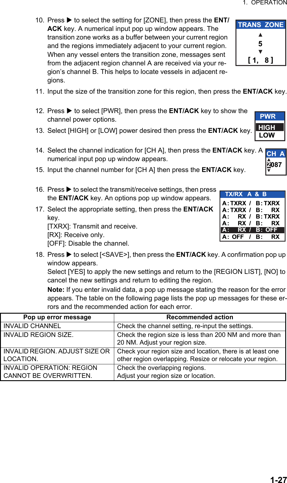 1.  OPERATION1-2710. Press  to select the setting for [ZONE], then press the ENT/ACK key. A numerical input pop up window appears. The transition zone works as a buffer between your current region and the regions immediately adjacent to your current region. When any vessel enters the transition zone, messages sent from the adjacent region channel A are received via your re-gion’s channel B. This helps to locate vessels in adjacent re-gions.11. Input the size of the transition zone for this region, then press the ENT/ACK key.12. Press  to select [PWR], then press the ENT/ACK key to show the channel power options.13. Select [HIGH] or [LOW] power desired then press the ENT/ACK key.14. Select the channel indication for [CH A], then press the ENT/ACK key. A numerical input pop up window appears.15. Input the channel number for [CH A] then press the ENT/ACK key.16. Press  to select the transmit/receive settings, then press the ENT/ACK key. An options pop up window appears.17. Select the appropriate setting, then press the ENT/ACK key.[TXRX]: Transmit and receive.[RX]: Receive only.[OFF]: Disable the channel.18. Press  to select [&lt;SAVE&gt;], then press the ENT/ACK key. A confirmation pop up window appears.Select [YES] to apply the new settings and return to the [REGION LIST], [NO] to cancel the new settings and return to editing the region.Note: If you enter invalid data, a pop up message stating the reason for the error appears. The table on the following page lists the pop up messages for these er-rors and the recommended action for each error.Pop up error message Recommended actionINVALID CHANNEL Check the channel setting, re-input the settings.INVALID REGION SIZE. Check the region size is less than 200 NM and more than 20 NM. Adjust your region size.INVALID REGION. ADJUST SIZE OR LOCATION.Check your region size and location, there is at least one other region overlapping. Resize or relocate your region.INVALID OPERATION: REGION CANNOT BE OVERWRITTEN.Check the overlapping regions.Adjust your region size or location.TRANS  ZONE5[ 1,   8 ]PWRHIGHLOWCH  A2087TX/RX   A  &amp;  BA : TXRX  /  B : TXRXA : TXRX  /  B :   RXA :   RX  /  B : TXRXA :   RX  /  B :   RXA :   RX  /  B :   OFFA :  OFF  /  B :    RX