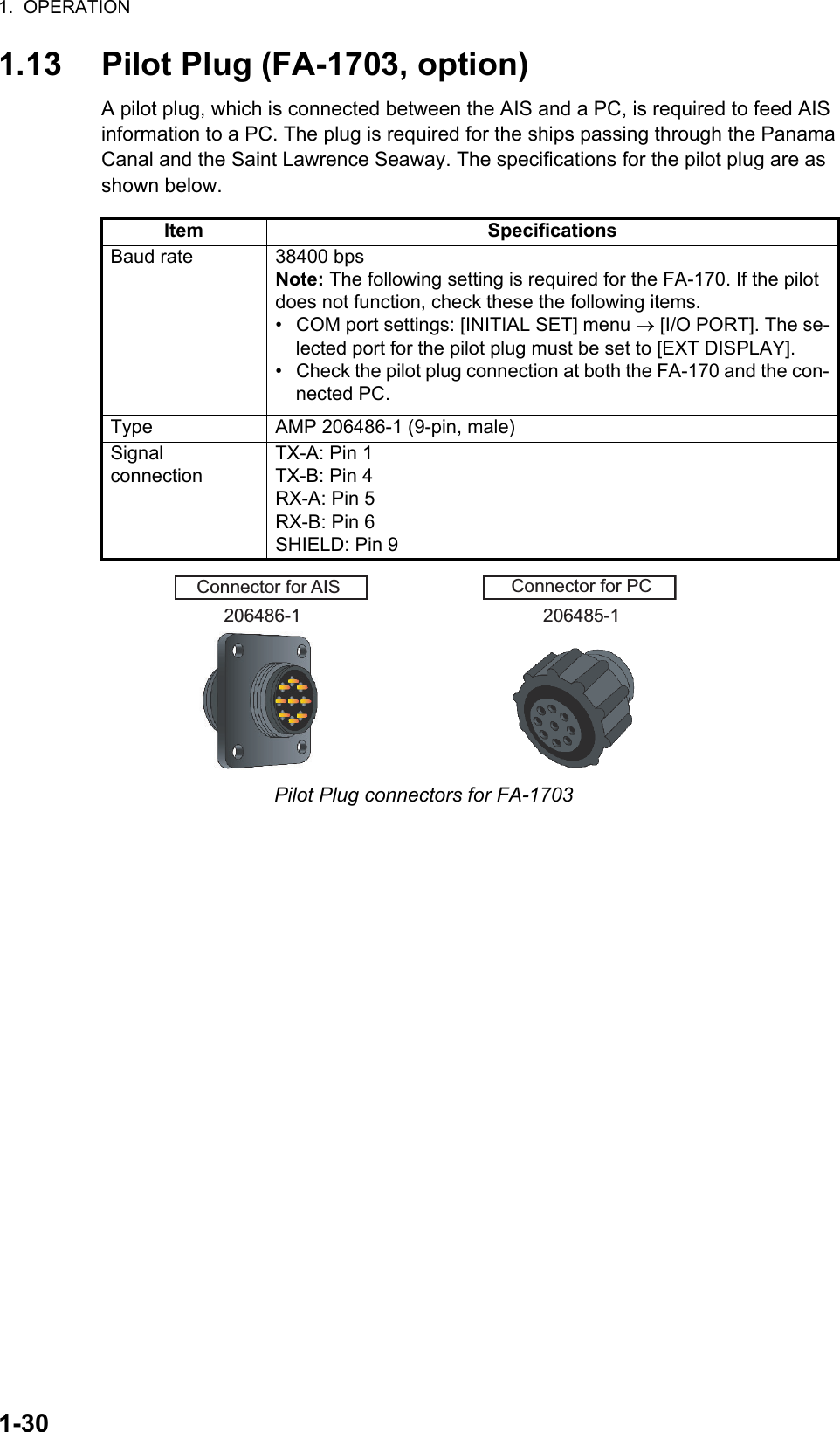 1.  OPERATION1-301.13 Pilot Plug (FA-1703, option)A pilot plug, which is connected between the AIS and a PC, is required to feed AIS information to a PC. The plug is required for the ships passing through the Panama Canal and the Saint Lawrence Seaway. The specifications for the pilot plug are as shown below.Pilot Plug connectors for FA-1703Item SpecificationsBaud rate 38400 bpsNote: The following setting is required for the FA-170. If the pilot does not function, check these the following items.•  COM port settings: [INITIAL SET] menu  [I/O PORT]. The se-lected port for the pilot plug must be set to [EXT DISPLAY].•  Check the pilot plug connection at both the FA-170 and the con-nected PC.Type AMP 206486-1 (9-pin, male)Signal connectionTX-A: Pin 1TX-B: Pin 4RX-A: Pin 5RX-B: Pin 6SHIELD: Pin 9Connector for AIS Connector for PC206486-1 206485-1