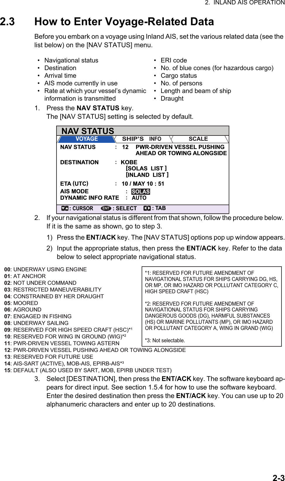 2.  INLAND AIS OPERATION2-32.3 How to Enter Voyage-Related DataBefore you embark on a voyage using Inland AIS, set the various related data (see the list below) on the [NAV STATUS] menu.1. Press the NAV STATUS key.The [NAV STATUS] setting is selected by default.2. If your navigational status is different from that shown, follow the procedure below. If it is the same as shown, go to step 3.1) Press the ENT/ACK key. The [NAV STATUS] options pop up window appears.2) Input the appropriate status, then press the ENT/ACK key. Refer to the data below to select appropriate navigational status.3. Select [DESTINATION], then press the ENT/ACK key. The software keyboard ap-pears for direct input. See section 1.5.4 for how to use the software keyboard.Enter the desired destination then press the ENT/ACK key. You can use up to 20 alphanumeric characters and enter up to 20 destinations.• Navigational status• Destination• Arrival time•  AIS mode currently in use•  Rate at which your vessel’s dynamic information is transmitted• ERI code•  No. of blue cones (for hazardous cargo)• Cargo status•  No. of persons•  Length and beam of ship• DraughtNAV STATUS: TAB: SELECT: CURSORENTVOYAGESHIP’S   INFOSCALENAV STATUSDESTINATIONETA (UTC)AIS MODEDYNAMIC INFO RATEPWR-DRIVEN VESSEL PUSHING AHEAD OR TOWING ALONGSIDEKOBE[SOLAS  LIST ]SOLASAUTO[INLAND  LIST ]10 / MAY 10 : 5112:::::00: UNDERWAY USING ENGINE01: AT ANCHOR02: NOT UNDER COMMAND03: RESTRICTED MANEUVERABILITY04: CONSTRAINED BY HER DRAUGHT05: MOORED06: AGROUND07: ENGAGED IN FISHING08: UNDERWAY SAILING09: RESERVED FOR HIGH SPEED CRAFT (HSC)*110: RESERVED FOR WING IN GROUND (WIG)*211: PWR-DRIVEN VESSEL TOWING ASTERN12: PWR-DRIVEN VESSEL PUSHING AHEAD OR TOWING ALONGSIDE13: RESERVED FOR FUTURE USE14: AIS-SART (ACTIVE), MOB-AIS, EPIRB-AIS*315: DEFAULT (ALSO USED BY SART, MOB, EPIRB UNDER TEST)*1: RESERVED FOR FUTURE AMENDMENT OF NAVIGATIONAL STATUS FOR SHIPS CARRYING DG, HS, OR MP, OR IMO HAZARD OR POLLUTANT CATEGORY C, HIGH SPEED CRAFT (HSC)*2: RESERVED FOR FUTURE AMENDMENT OF NAVIGATIONAL STATUS FOR SHIPS CARRYING DANGEROUS GOODS (DG), HARMFUL SUBSTANCES (HS) OR MARINE POLLUTANTS (MP), OR IMO HAZARD OR POLLUTANT CATEGORY A, WING IN GRAND (WIG)*3: Not selectable.