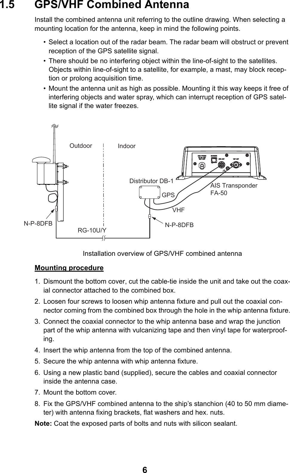 61.5 GPS/VHF Combined AntennaInstall the combined antenna unit referring to the outline drawing. When selecting a mounting location for the antenna, keep in mind the following points.• Select a location out of the radar beam. The radar beam will obstruct or prevent reception of the GPS satellite signal.• There should be no interfering object within the line-of-sight to the satellites. Objects within line-of-sight to a satellite, for example, a mast, may block recep-tion or prolong acquisition time.• Mount the antenna unit as high as possible. Mounting it this way keeps it free of interfering objects and water spray, which can interrupt reception of GPS satel-lite signal if the water freezes.Installation overview of GPS/VHF combined antennaMounting procedure1. Dismount the bottom cover, cut the cable-tie inside the unit and take out the coax-ial connector attached to the combined box.2. Loosen four screws to loosen whip antenna fixture and pull out the coaxial con-nector coming from the combined box through the hole in the whip antenna fixture.3. Connect the coaxial connector to the whip antenna base and wrap the junction part of the whip antenna with vulcanizing tape and then vinyl tape for waterproof-ing.4. Insert the whip antenna from the top of the combined antenna.5. Secure the whip antenna with whip antenna fixture.6. Using a new plastic band (supplied), secure the cables and coaxial connector inside the antenna case.7. Mount the bottom cover.8. Fix the GPS/VHF combined antenna to the ship’s stanchion (40 to 50 mm diame-ter) with antenna fixing brackets, flat washers and hex. nuts.Note: Coat the exposed parts of bolts and nuts with silicon sealant. Outdoor IndoorN-P-8DFBN-P-8DFBDistributor DB-1GPSAIS TransponderFA-50VHFRG-10U/Y