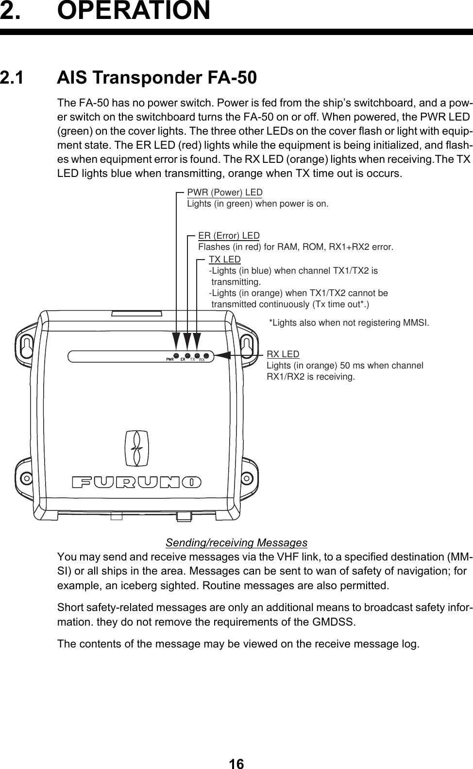 162. OPERATION2.1 AIS Transponder FA-50The FA-50 has no power switch. Power is fed from the ship’s switchboard, and a pow-er switch on the switchboard turns the FA-50 on or off. When powered, the PWR LED (green) on the cover lights. The three other LEDs on the cover flash or light with equip-ment state. The ER LED (red) lights while the equipment is being initialized, and flash-es when equipment error is found. The RX LED (orange) lights when receiving.The TX LED lights blue when transmitting, orange when TX time out is occurs. Sending/receiving MessagesYou may send and receive messages via the VHF link, to a specified destination (MM-SI) or all ships in the area. Messages can be sent to wan of safety of navigation; for example, an iceberg sighted. Routine messages are also permitted.Short safety-related messages are only an additional means to broadcast safety infor-mation. they do not remove the requirements of the GMDSS.The contents of the message may be viewed on the receive message log.RX LEDLights (in orange) 50 ms when channel RX1/RX2 is receiving.ER (Error) LEDFlashes (in red) for RAM, ROM, RX1+RX2 error.PWR (Power) LEDLights (in green) when power is on.TXTX LED-Lights (in blue) when channel TX1/TX2 is  transmitting.-Lights (in orange) when TX1/TX2 cannot be  transmitted continuously (Tx time out*.)RX*Lights also when not registering MMSI.