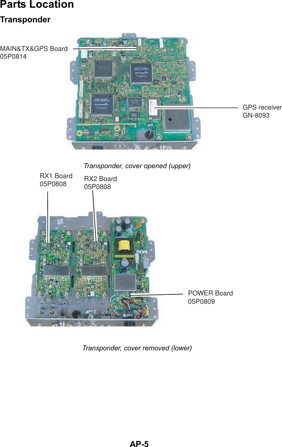   AP-5Parts Location Transponder GPS receiverGN-8093MAIN&amp;TX&amp;GPS Board05P0814 Transponder, cover opened (upper) RX1 Board05P0808 RX2 Board05P0808POWER Board05P0809 Transponder, cover removed (lower)  