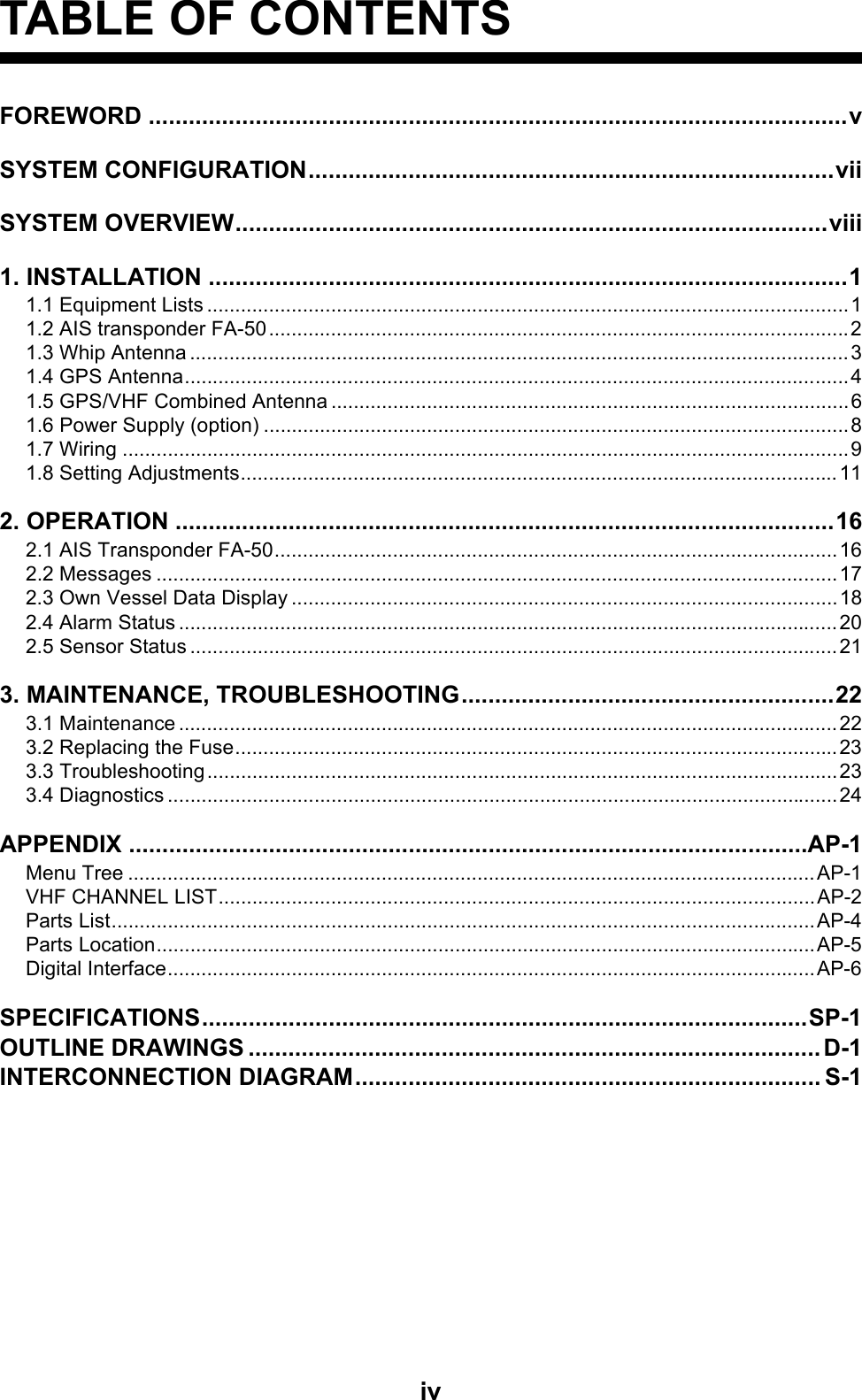 ivTABLE OF CONTENTSFOREWORD .........................................................................................................vSYSTEM CONFIGURATION...............................................................................viiSYSTEM OVERVIEW.........................................................................................viii1. INSTALLATION ................................................................................................11.1 Equipment Lists ..................................................................................................................11.2 AIS transponder FA-50 .......................................................................................................21.3 Whip Antenna ..................................................................................................................... 31.4 GPS Antenna...................................................................................................................... 41.5 GPS/VHF Combined Antenna ............................................................................................61.6 Power Supply (option) ........................................................................................................81.7 Wiring .................................................................................................................................91.8 Setting Adjustments..........................................................................................................112. OPERATION ...................................................................................................162.1 AIS Transponder FA-50....................................................................................................162.2 Messages ......................................................................................................................... 172.3 Own Vessel Data Display .................................................................................................182.4 Alarm Status .....................................................................................................................202.5 Sensor Status ...................................................................................................................213. MAINTENANCE, TROUBLESHOOTING........................................................223.1 Maintenance .....................................................................................................................223.2 Replacing the Fuse...........................................................................................................233.3 Troubleshooting................................................................................................................233.4 Diagnostics .......................................................................................................................24APPENDIX ......................................................................................................AP-1Menu Tree ..........................................................................................................................AP-1VHF CHANNEL LIST..........................................................................................................AP-2Parts List.............................................................................................................................AP-4Parts Location.....................................................................................................................AP-5Digital Interface...................................................................................................................AP-6SPECIFICATIONS...........................................................................................SP-1OUTLINE DRAWINGS ...................................................................................... D-1INTERCONNECTION DIAGRAM...................................................................... S-1