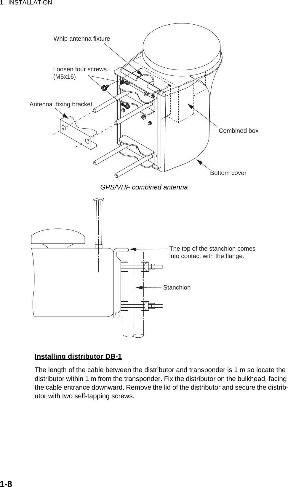 1.  INSTALLATION1-8GPS/VHF combined antennaInstalling distributor DB-1The length of the cable between the distributor and transponder is 1 m so locate the distributor within 1 m from the transponder. Fix the distributor on the bulkhead, facing the cable entrance downward. Remove the lid of the distributor and secure the distrib-utor with two self-tapping screws.Antenna  fixing bracketLoosen four screws.(M5x16)Bottom coverCombined boxWhip antenna fixtureStanchionThe top of the stanchion comesinto contact with the flange.