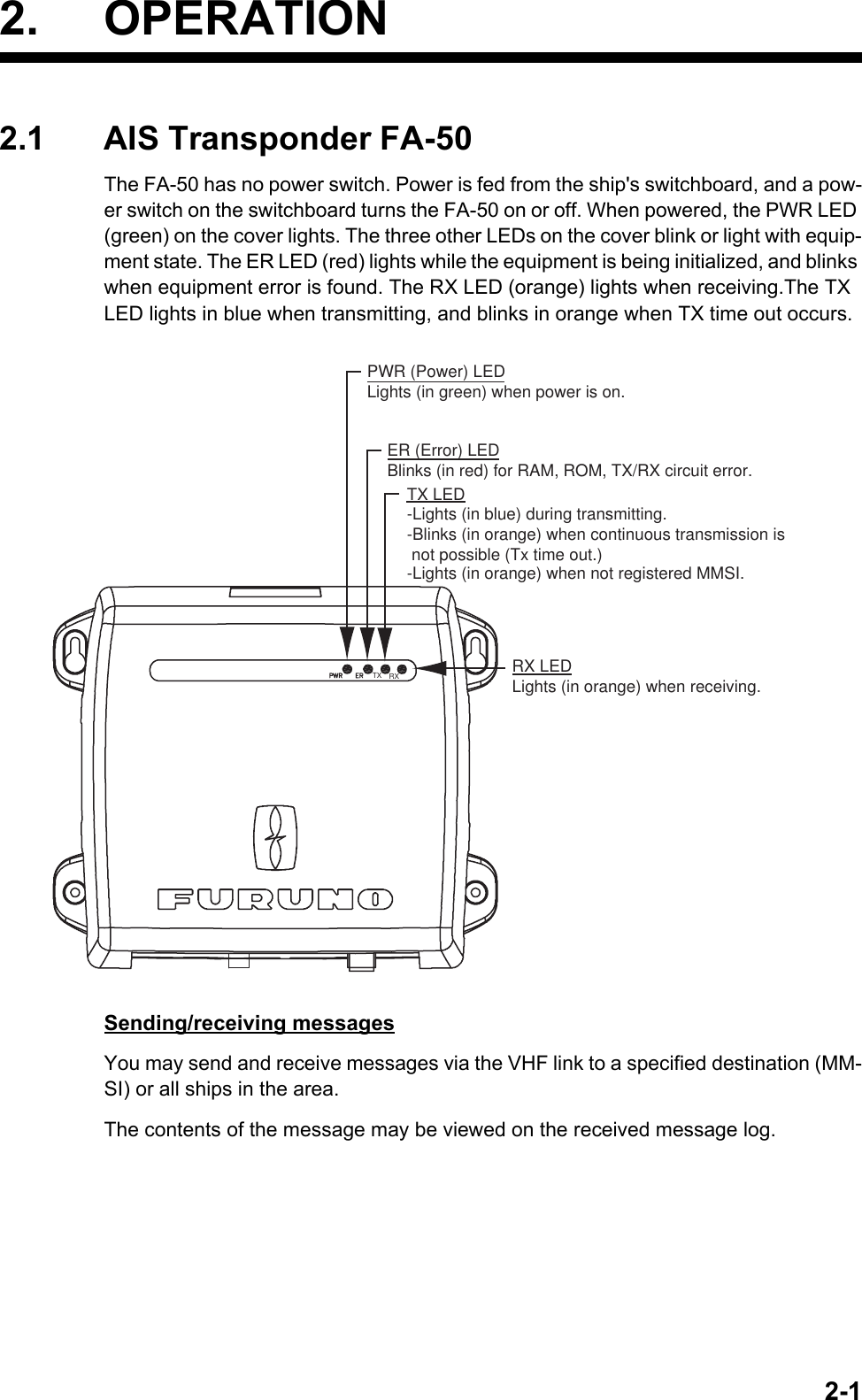 2-12. OPERATION2.1 AIS Transponder FA-50The FA-50 has no power switch. Power is fed from the ship&apos;s switchboard, and a pow-er switch on the switchboard turns the FA-50 on or off. When powered, the PWR LED (green) on the cover lights. The three other LEDs on the cover blink or light with equip-ment state. The ER LED (red) lights while the equipment is being initialized, and blinks when equipment error is found. The RX LED (orange) lights when receiving.The TX LED lights in blue when transmitting, and blinks in orange when TX time out occurs.Sending/receiving messagesYou may send and receive messages via the VHF link to a specified destination (MM-SI) or all ships in the area. The contents of the message may be viewed on the received message log.RX LEDLights (in orange) when receiving.ER (Error) LEDBlinks (in red) for RAM, ROM, TX/RX circuit error.PWR (Power) LEDLights (in green) when power is on.TXTX LED-Lights (in blue) during transmitting.-Blinks (in orange) when continuous transmission is  not possible (Tx time out.)RX-Lights (in orange) when not registered MMSI.