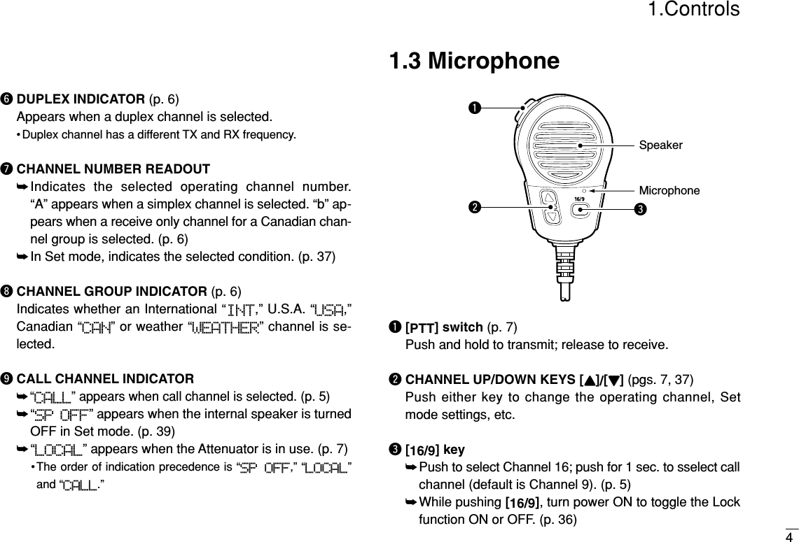 41.ControlsyDUPLEX INDICATOR (p. 6)Appears when a duplex channel is selected.• Duplex channel has a different TX and RX frequency.uCHANNEL NUMBER READOUT➥Indicates the selected operating channel number. “A” appears when a simplex channel is selected. “b” ap-pears when a receive only channel for a Canadian chan-nel group is selected. (p. 6)➥In Set mode, indicates the selected condition. (p. 37)iCHANNEL GROUP INDICATOR (p. 6)Indicates whether an International “INT,” U.S.A. “USA,”Canadian “CAN” or weather “WEATHER” channel is se-lected.oCALL CHANNEL INDICATOR➥“CALL” appears when call channel is selected. (p. 5)➥“SP OFF” appears when the internal speaker is turnedOFF in Set mode. (p. 39)➥“LOCAL” appears when the Attenuator is in use. (p. 7)•The order of indication precedence is “SP  OFF,” “LOCAL”and “CALL.”1.3 Microphoneq[PTT] switch (p. 7)Push and hold to transmit; release to receive.wCHANNEL UP/DOWN KEYS [YY]/[ZZ](pgs. 7, 37)Push either key to change the operating channel, Setmode settings, etc.e[16/9] key➥Push to select Channel 16; push for 1 sec. to sselect callchannel (default is Channel 9). (p. 5)➥While pushing [16/9], turn power ON to toggle the Lockfunction ON or OFF. (p. 36)SpeakerMicrophonewqe