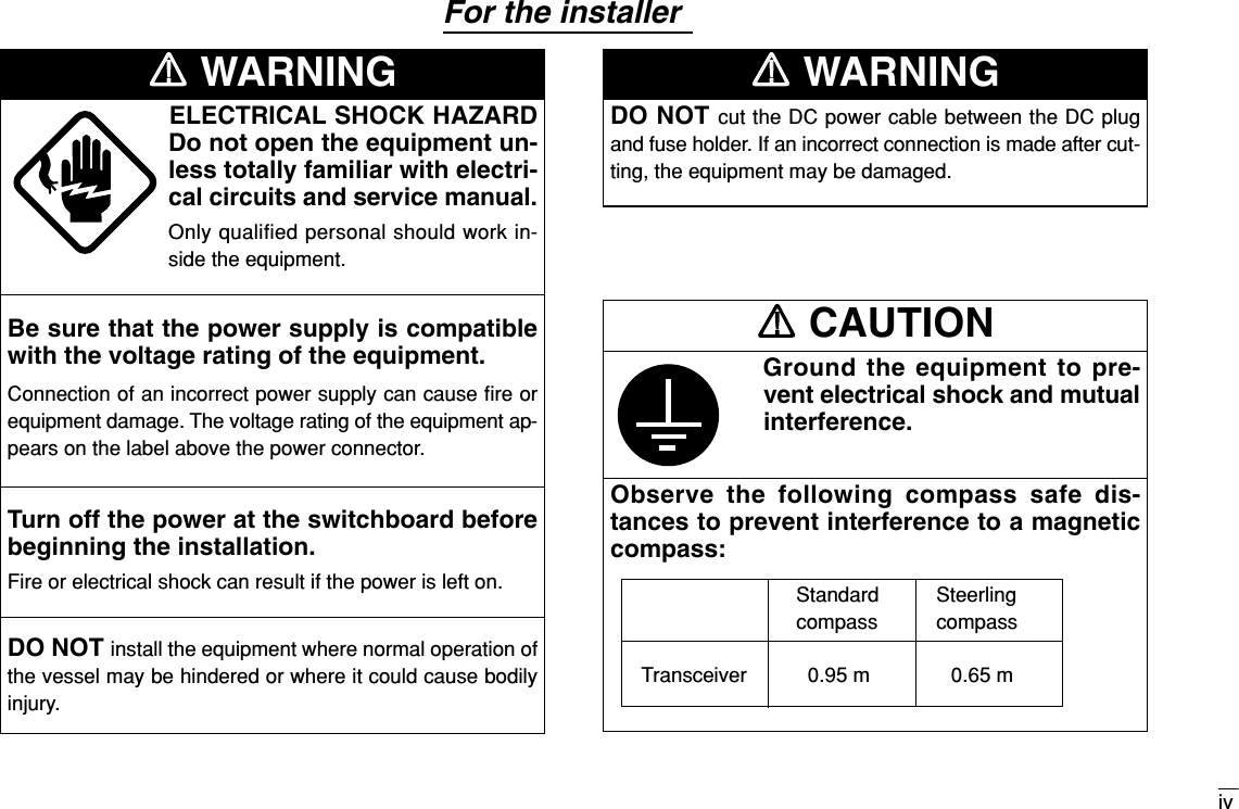 ivELECTRICAL SHOCK HAZARD Do not open the equipment un-less totally familiar with electri-cal circuits and service manual.Only qualified personal should work in-side the equipment.Be sure that the power supply is compatiblewith the voltage rating of the equipment.Connection of an incorrect power supply can cause ﬁre orequipment damage. The voltage rating of the equipment ap-pears on the label above the power connector.Turn off the power at the switchboard beforebeginning the installation.Fire or electrical shock can result if the power is left on.DO NOT install the equipment where normal operation ofthe vessel may be hindered or where it could cause bodilyinjury.RRWARNINGDO NOT cut the DC power cable between the DC plugand fuse holder. If an incorrect connection is made after cut-ting, the equipment may be damaged.RRWARNINGGround the equipment to pre-vent electrical shock and mutualinterference.Observe the following compass safe dis-tances to prevent interference to a magneticcompass:RRCAUTIONFor the installerStandard Steerlingcompass compassTransceiver 0.95 m 0.65 m