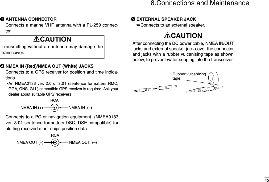 428.Connections and MaintenanceeANTENNA CONNECTORConnects a marine VHF antenna with a PL-259 connec-tor.rNMEA IN (Red)/NMEA OUT (White) JACKSConnects to a GPS receiver for position and time indica-tions.•An NMEA0183 ver. 2.0 or 3.01 (sentence formatters RMC,GGA, GNS, GLL) compatible GPS receiver is required. Ask yourdealer about suitable GPS receivers.Connects to a PC or navigation equipment  (NMEA0183ver. 3.01 sentence formatters DSC, DSE compatible) forplotting received other ships position data.tEXTERNAL SPEAKER JACK➥Connects to an external speaker.Rubber vulcanizingtapeNMEA OUT (+)RCANMEA OUT  (–)NMEA IN (+)RCANMEA IN  (–)After connecting the DC power cable, NMEA IN/OUTjacks and external speaker jack cover the connectorand jacks with a rubber vulcanising tape as shownbelow, to prevent water seeping into the transceiver.RRCAUTIONTransmitting without an antenna may damage thetransceiver.RRCAUTION