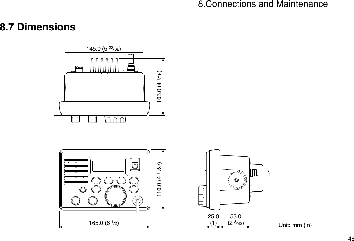 468.Connections and Maintenance8.7 Dimensions145.0 (5 23⁄32)165.0 (6 1⁄2)25.0(1)53.0(2 3⁄32)Unit: mm (in)110.0 (4 11⁄32) 103.0 (4 1⁄16)