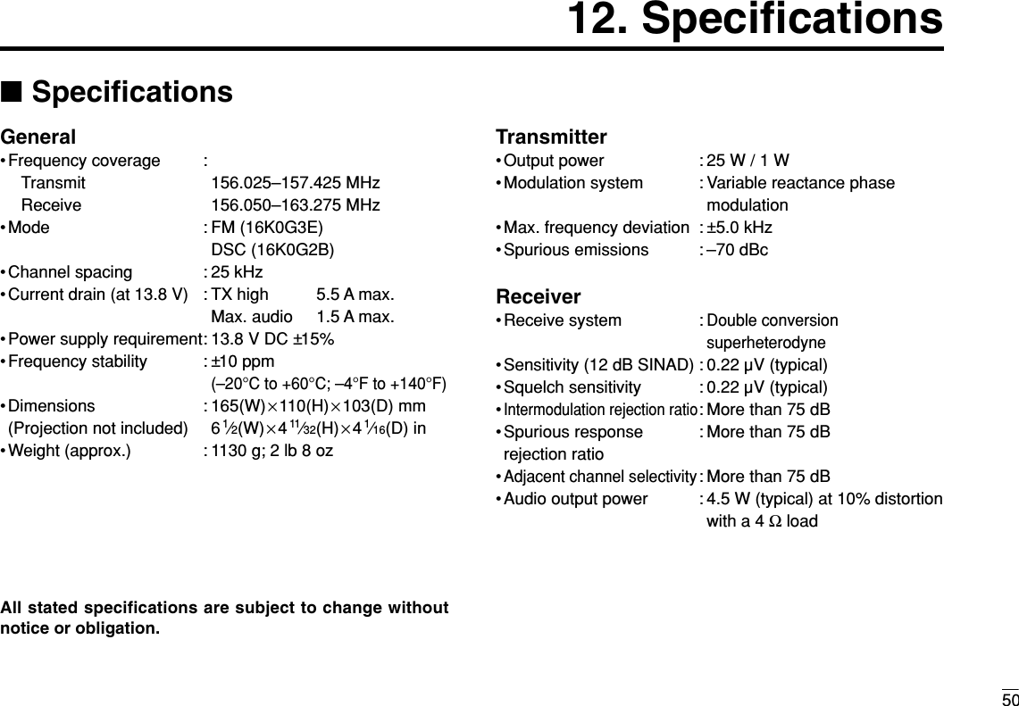 5012. Speciﬁcations■SpeciﬁcationsGeneral• Frequency coverage  :Transmit 156.025–157.425 MHzReceive 156.050–163.275 MHz• Mode : FM (16K0G3E)DSC (16K0G2B)• Channel spacing : 25 kHz• Current drain (at 13.8 V) : TX high 5.5 A max.Max. audio 1.5 A max.• Power supply requirement: 13.8 V DC ±15%• Frequency stability  : ±10 ppm(–20°C to +60°C; –4°F to +140°F)• Dimensions : 165(W)×110(H) ×103(D) mm(Projection not included) 6 1⁄2(W) ×411⁄32(H) ×41⁄16(D) in• Weight (approx.) : 1130 g; 2 lb 8 ozTransmitter• Output power : 25 W / 1 W• Modulation system : Variable reactance phase modulation• Max. frequency deviation  : ±5.0 kHz• Spurious emissions : –70 dBcReceiver• Receive system :Double conversion superheterodyne• Sensitivity (12 dB SINAD) : 0.22 µV (typical)• Squelch sensitivity : 0.22 µV (typical)•Intermodulation rejection ratio: More than 75 dB• Spurious response  : More than 75 dBrejection ratio•Adjacent channel selectivity: More than 75 dB• Audio output power : 4.5 W (typical) at 10% distortionwith a 4 ΩloadAll stated specifications are subject to change withoutnotice or obligation.