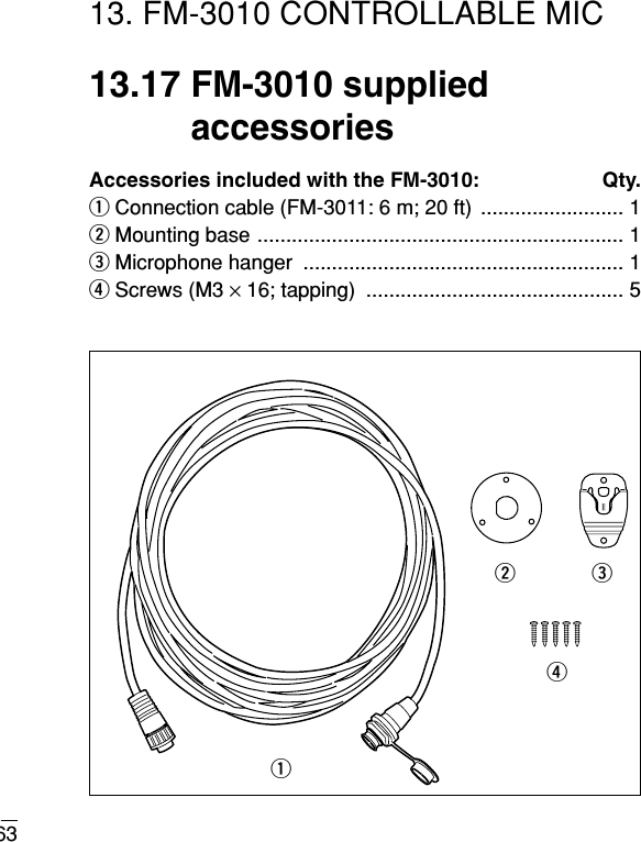 6313. FM-3010 CONTROLLABLE MIC13.17 FM-3010 suppliedaccessoriesAccessories included with the FM-3010:  Qty.qConnection cable (FM-3011: 6 m; 20 ft) ......................... 1wMounting base ................................................................ 1eMicrophone hanger  ........................................................ 1rScrews (M3 ×16; tapping)  ............................................. 5qwer