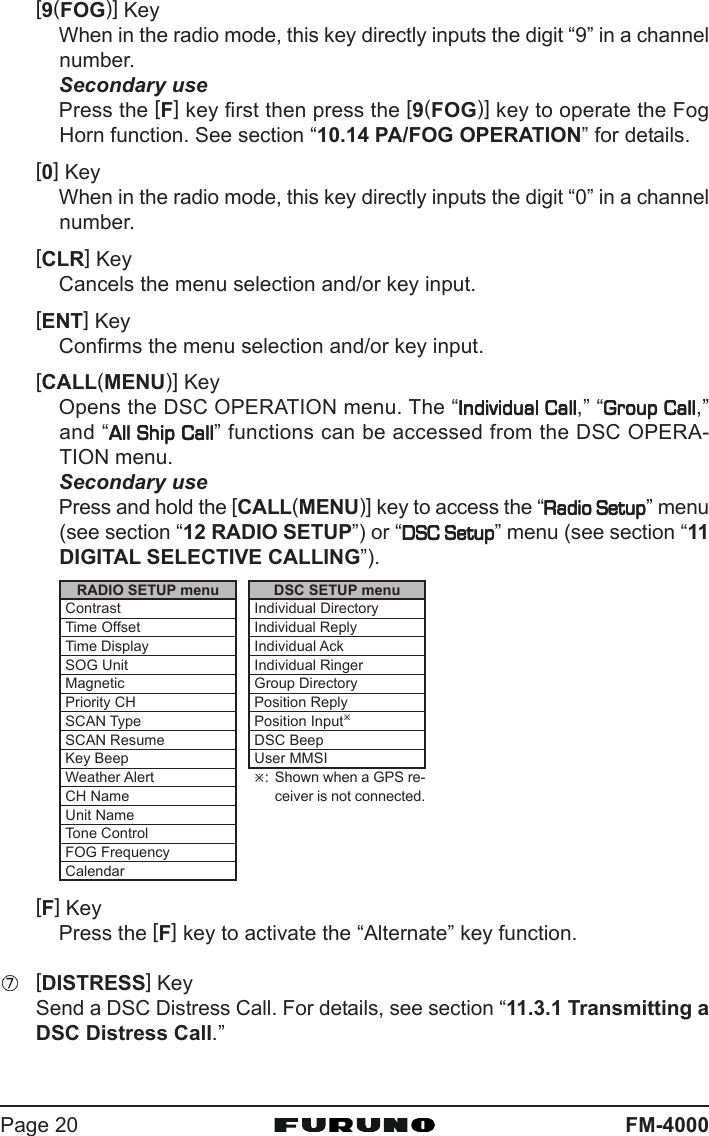 FM-4000Page 20[9(FOG)] KeyWhen in the radio mode, this key directly inputs the digit “9” in a channelnumber.Secondary usePress the [F] key first then press the [9(FOG)] key to operate the FogHorn function. See section “10.14 PA/FOG OPERATION” for details.[0] KeyWhen in the radio mode, this key directly inputs the digit “0” in a channelnumber.[CLR] KeyCancels the menu selection and/or key input.[ENT] KeyConfirms the menu selection and/or key input.[CALL(MENU)] KeyOpens the DSC OPERATION menu. The “Individual CallIndividual CallIndividual CallIndividual CallIndividual Call,” “Group CallGroup CallGroup CallGroup CallGroup Call,”and “All Ship CallAll Ship CallAll Ship CallAll Ship CallAll Ship Call” functions can be accessed from the DSC OPERA-TION menu.Secondary usePress and hold the [CALL(MENU)] key to access the “Radio SetupRadio SetupRadio SetupRadio SetupRadio Setup” menu(see section “12 RADIO SETUP”) or “DSC SetupDSC SetupDSC SetupDSC SetupDSC Setup” menu (see section “11DIGITAL SELECTIVE CALLING”).[F] KeyPress the [F] key to activate the “Alternate” key function.[DISTRESS] KeySend a DSC Distress Call. For details, see section “11.3.1 Transmitting aDSC Distress Call.”DSC SETUP menuIndividual DirectoryIndividual ReplyIndividual AckIndividual RingerGroup DirectoryPosition ReplyPosition InputÚDSC BeepUser MMSIÚ: Shown when a GPS re-ceiver is not connected.RADIO SETUP menuContrastTime OffsetTime DisplaySOG UnitMagneticPriority CHSCAN TypeSCAN ResumeKey BeepWeather AlertCH NameUnit NameTone ControlFOG FrequencyCalendar