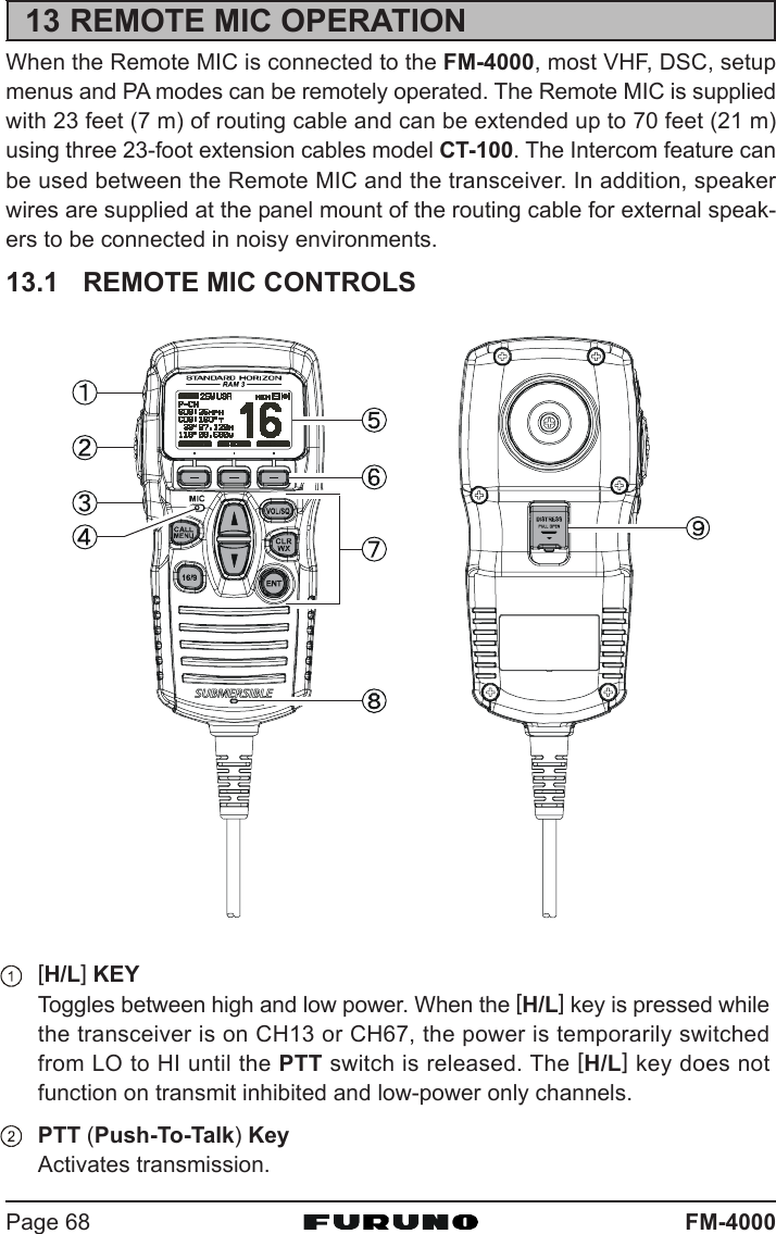 FM-4000Page 6813 REMOTE MIC OPERATIONWhen the Remote MIC is connected to the FM-4000, most VHF, DSC, setupmenus and PA modes can be remotely operated. The Remote MIC is suppliedwith 23 feet (7 m) of routing cable and can be extended up to 70 feet (21 m)using three 23-foot extension cables model CT-100. The Intercom feature canbe used between the Remote MIC and the transceiver. In addition, speakerwires are supplied at the panel mount of the routing cable for external speak-ers to be connected in noisy environments.13.1 REMOTE MIC CONTROLS[H/L] KEYToggles between high and low power. When the [H/L] key is pressed whilethe transceiver is on CH13 or CH67, the power is temporarily switchedfrom LO to HI until the PTT switch is released. The [H/L] key does notfunction on transmit inhibited and low-power only channels.PTT (Push-To-Talk) KeyActivates transmission.