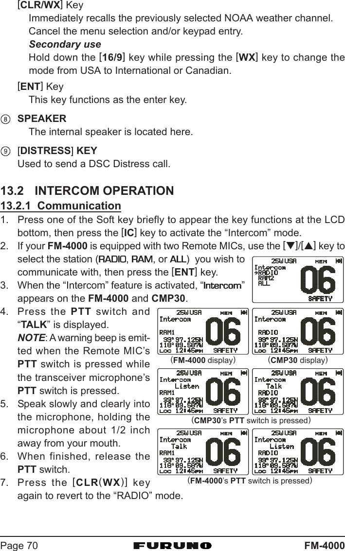 FM-4000Page 70[CLR/WX] KeyImmediately recalls the previously selected NOAA weather channel.Cancel the menu selection and/or keypad entry.Secondary useHold down the [16/9] key while pressing the [WX] key to change themode from USA to International or Canadian.[ENT] KeyThis key functions as the enter key.SPEAKERThe internal speaker is located here.[DISTRESS] KEYUsed to send a DSC Distress call.13.2 INTERCOM OPERATION13.2.1  Communication1. Press one of the Soft key briefly to appear the key functions at the LCDbottom, then press the [IC] key to activate the “Intercom” mode.2. If your FM-4000 is equipped with two Remote MICs, use the [T]/[S] key toselect the station (RADIORADIORADIORADIORADIO, RAMRAMRAMRAMRAM, or ALLALLALLALLALL)  you wish tocommunicate with, then press the [ENT] key.3. When the “Intercom” feature is activated, “IntercomIntercomIntercomIntercomIntercom”appears on the FM-4000 and CMP30.4. Press the PTT switch and“TALK” is displayed.NOTE: A warning beep is emit-ted when the Remote MIC’sPTT switch is pressed whilethe transceiver microphone’sPTT switch is pressed.5. Speak slowly and clearly intothe microphone, holding themicrophone about 1/2 inchaway from your mouth.6. When finished, release thePTT switch.7. Press the [CLR(WX)] keyagain to revert to the “RADIO” mode.(FM-4000 display)(CMP30 display)(FM-4000’s PTT switch is pressed)(CMP30’s PTT switch is pressed)