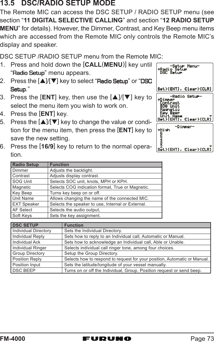 Page 73FM-400013.5 DSC/RADIO SETUP MODEThe Remote MIC can access the DSC SETUP / RADIO SETUP menu (seesection “11 DIGITAL SELECTIVE CALLING” and section “12 RADIO SETUPMENU” for details). However, the Dimmer, Contrast, and Key Beep menu itemswhich are accessed from the Remote MIC only controls the Remote MIC’sdisplay and speaker.DSC SETUP /RADIO SETUP menu from the Remote MIC:1. Press and hold down the [CALL(MENU)] key until“Radio SetupRadio SetupRadio SetupRadio SetupRadio Setup” menu appears.2. Press the [S]/[T] key to select “Radio SetupRadio SetupRadio SetupRadio SetupRadio Setup” or “DSCDSCDSCDSCDSCSetupSetupSetupSetupSetup.”3. Press the [ENT] key, then use the [S]/[T] key toselect the menu item you wish to work on.4. Press the [ENT] key.5. Press the [S]/[T] key to change the value or condi-tion for the menu item, then press the [ENT] key tosave the new setting.6. Press the [16/9] key to return to the normal opera-tion.DSC SETUP FunctionIndividual Directory Sets the Individual Directory.Individual Reply Sets how to reply to an Individual call, Automatic or Manual.Individual Ack Sets how to acknowledge an Individual call, Able or Unable.Individual Ringer Selects individual call ringer tone, among four choices.Group Directory Setup the Group Directory.Position Reply Selects how to respond to request for your position, Automatic or Manual.Position Input Sets the latitude/longitude of your vessel manually.DSC BEEP Turns on or off the Individual, Group, Position request or send beep.Radio Setup FunctionDimmer Adjusts the backlight.Contrast Adjusts display contrast.SOG Unit Selects SOC unit, knots, MPH or KPH.Magnetic Selects COG indication format, True or Magnetic.Key Beep Turns key beep on or off.Unit Name Allows changing the name of the connected MIC.EXT Speaker Selects the speaker to use, Internal or External.AF Select Selects the audio output,Soft Keys Sets the key assignment.