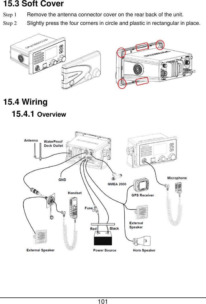  101  15.3 Soft Cover Step 1 Remove the antenna connector cover on the rear back of the unit. Step 2 Slightly press the four corners in circle and plastic in rectangular in place.  15.4 Wiring 15.4.1 Overview   